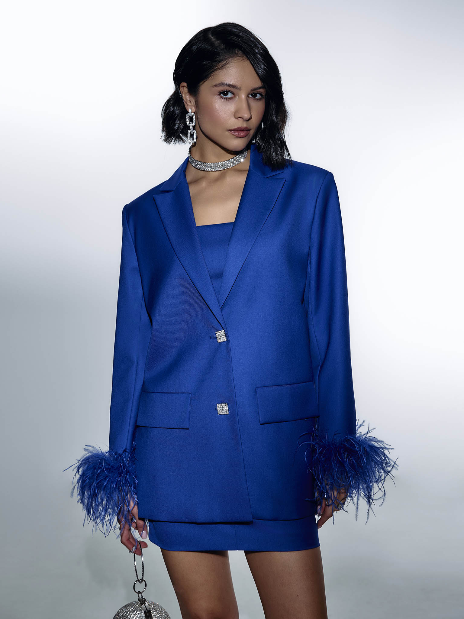 Single-breasted jacket with accent buttons and feathers