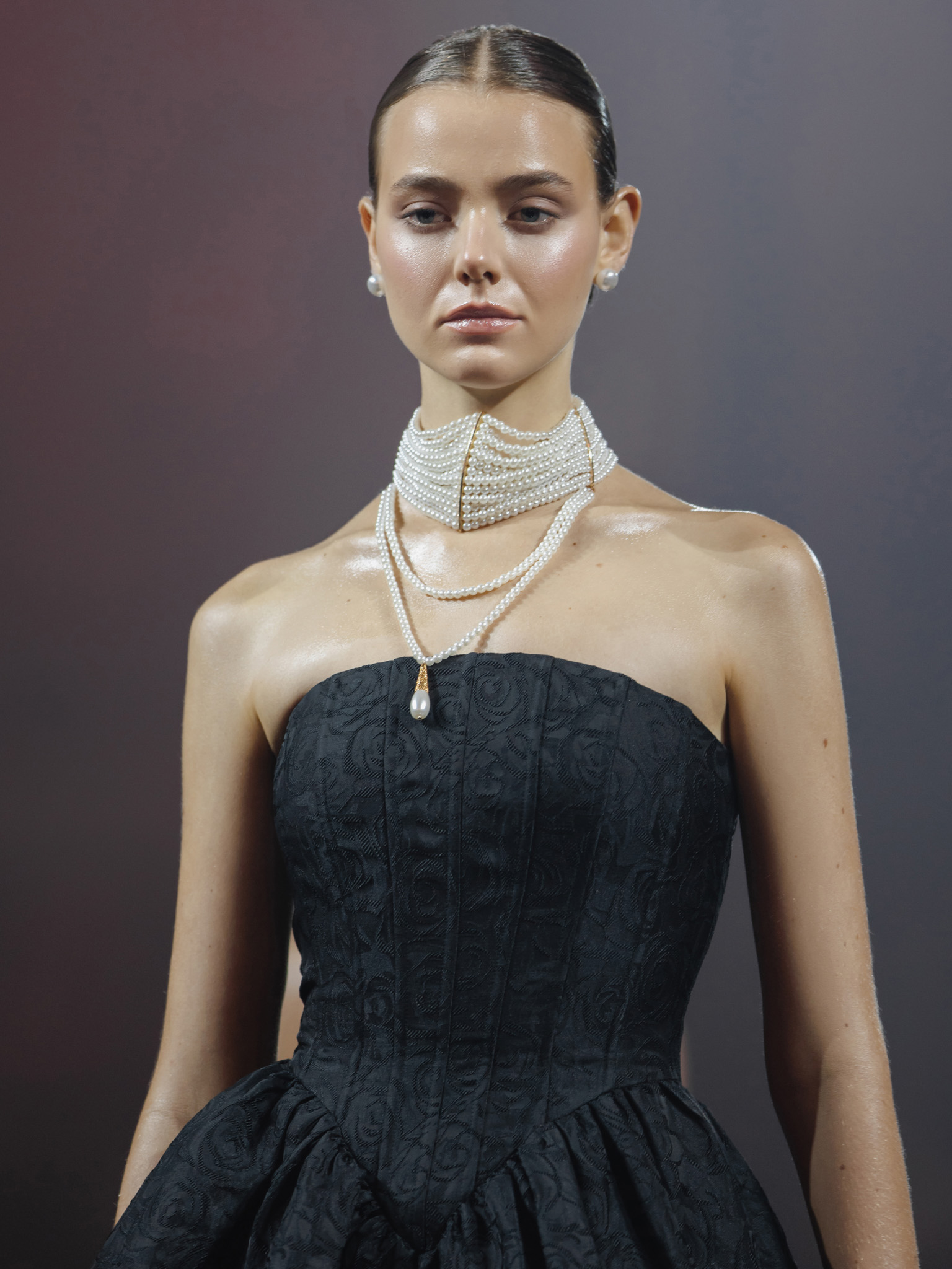 Jacquard mini dress with open shoulders