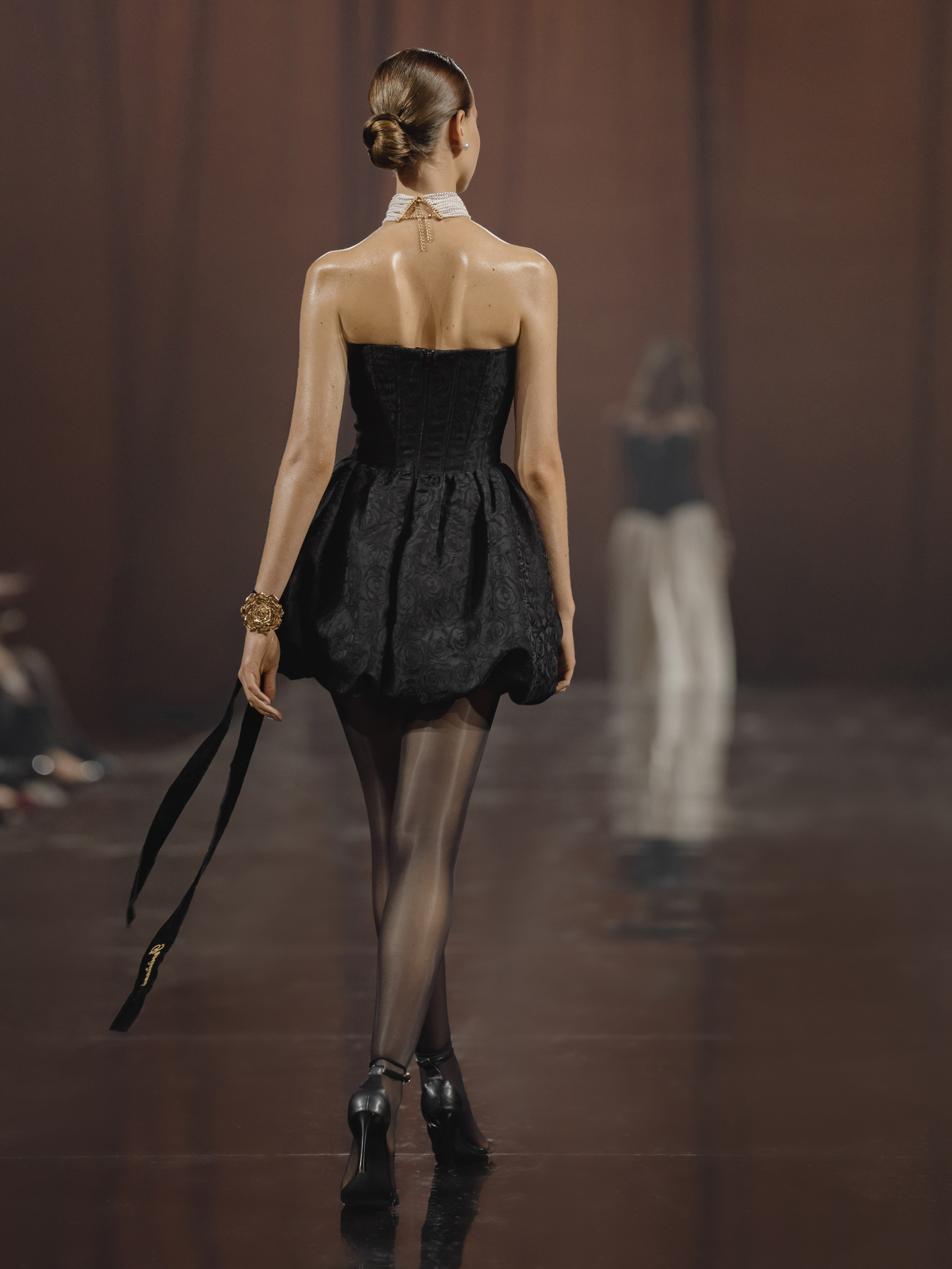 Jacquard mini dress with open shoulders