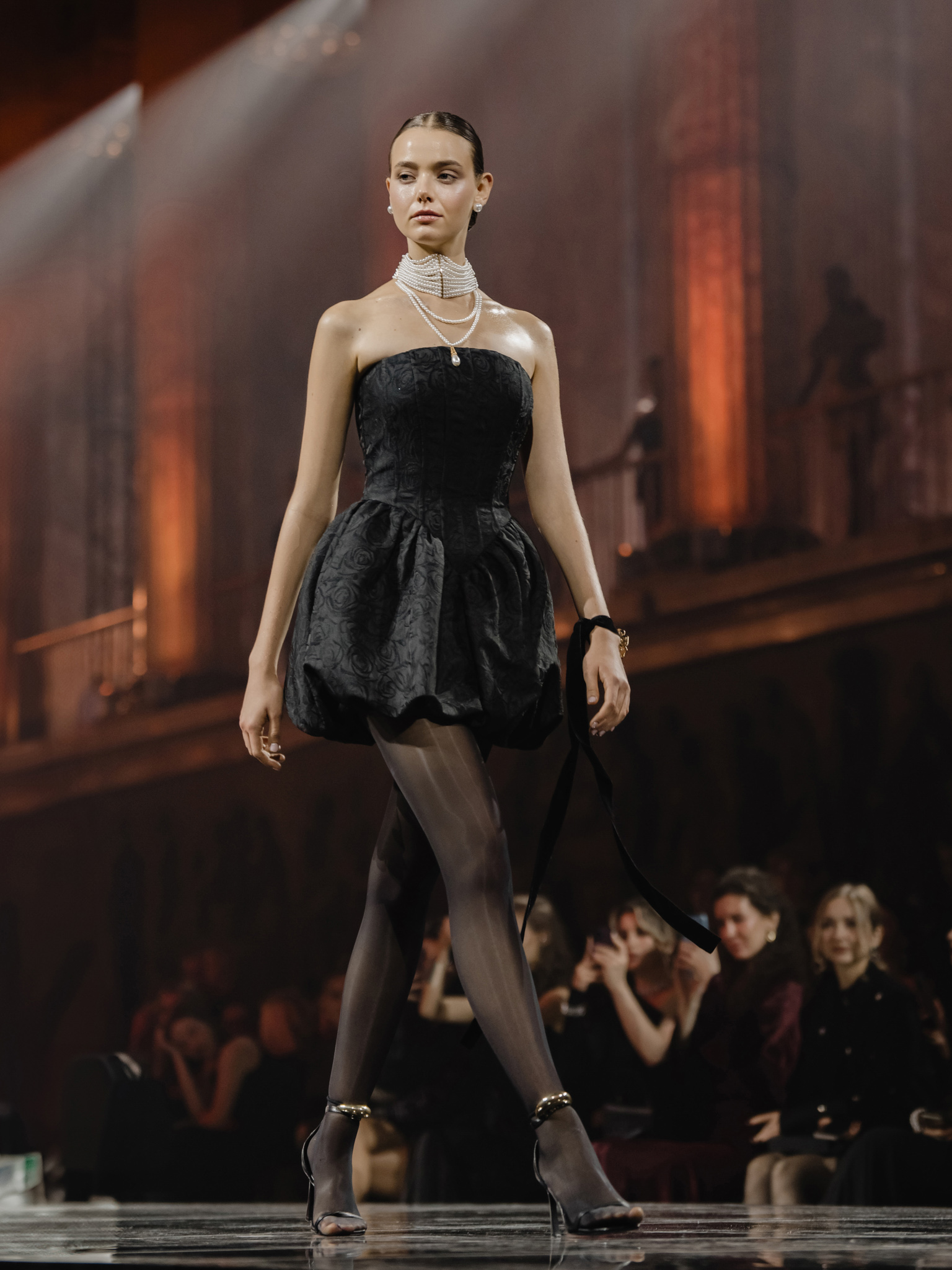 Jacquard mini dress with open shoulders