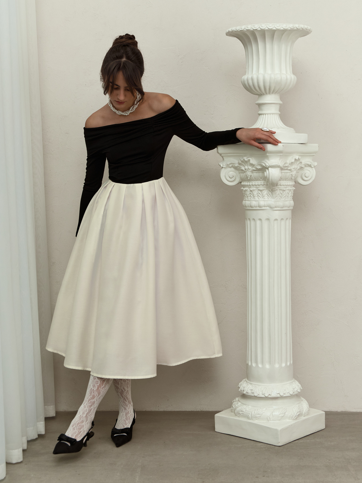Midi dress with contrasting satin skirt