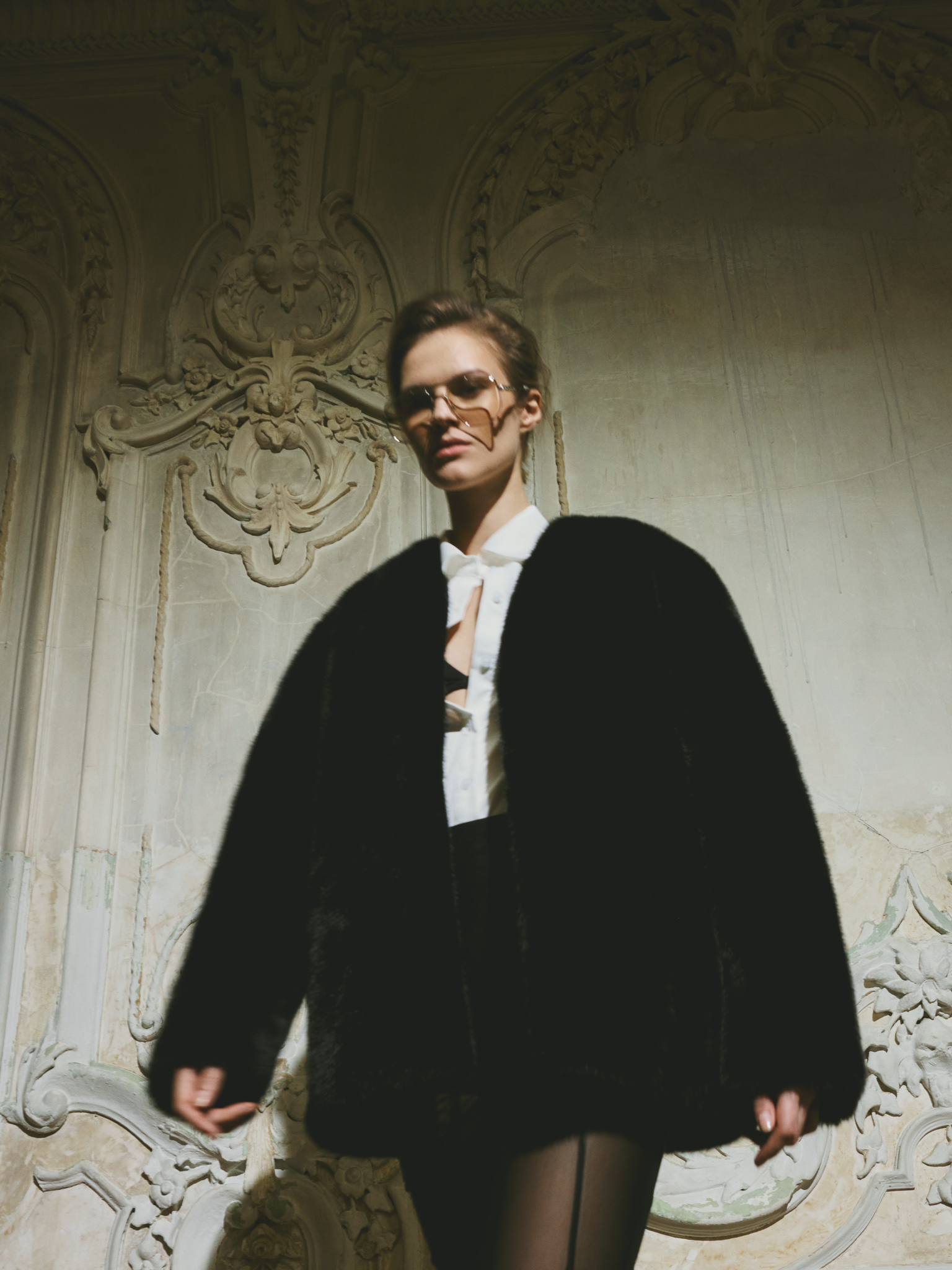 Short eco-fur coat without collar