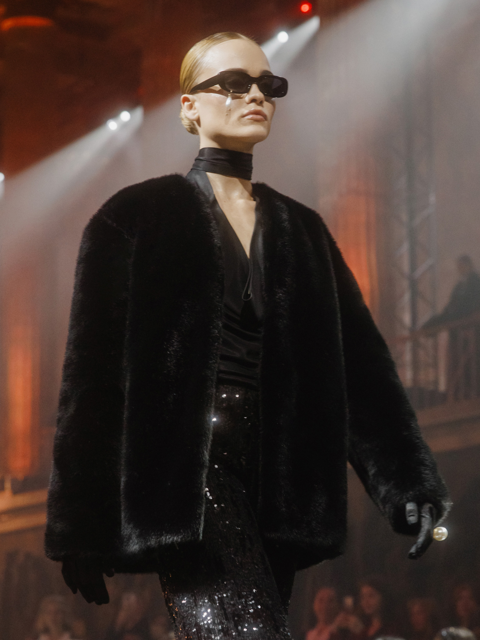 Short eco-fur coat without collar