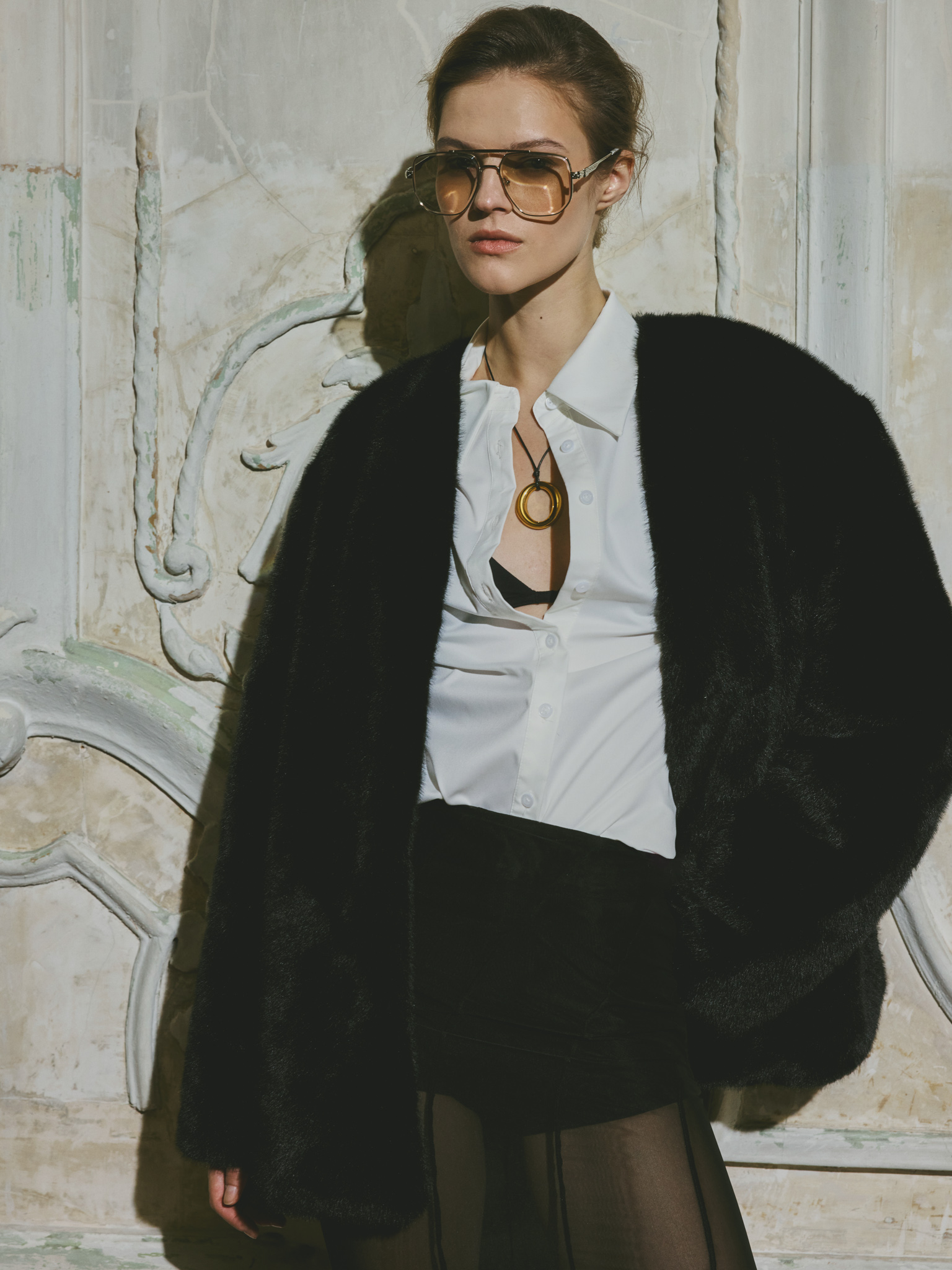 Short eco-fur coat without collar