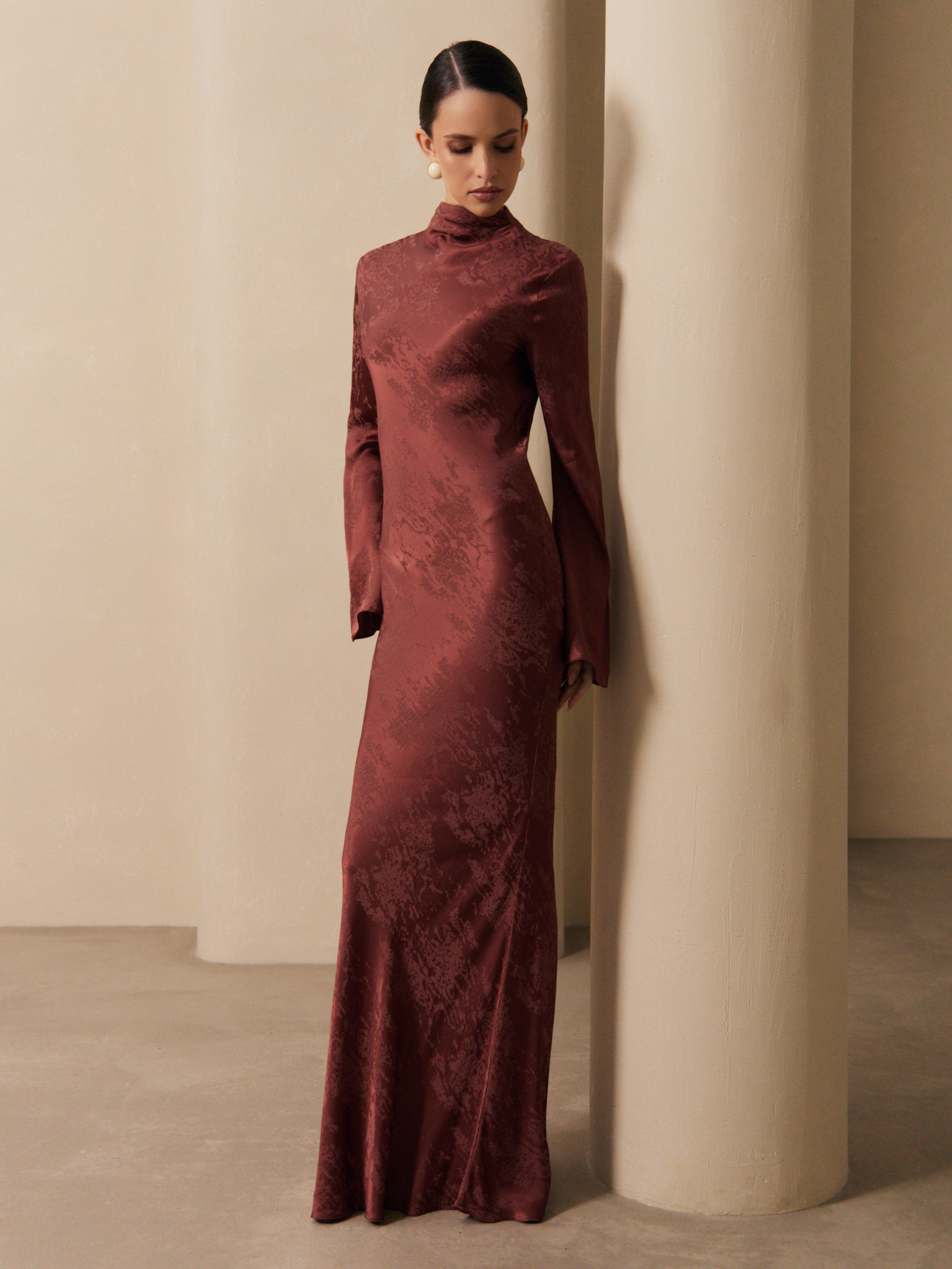 Textured satin maxi dress with lace-up back