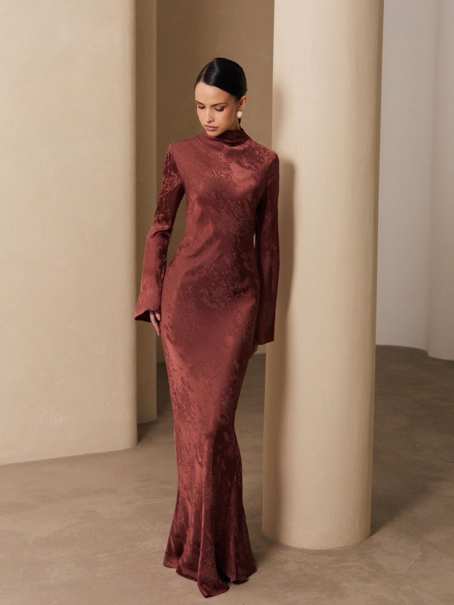 Textured satin maxi dress with lace-up back