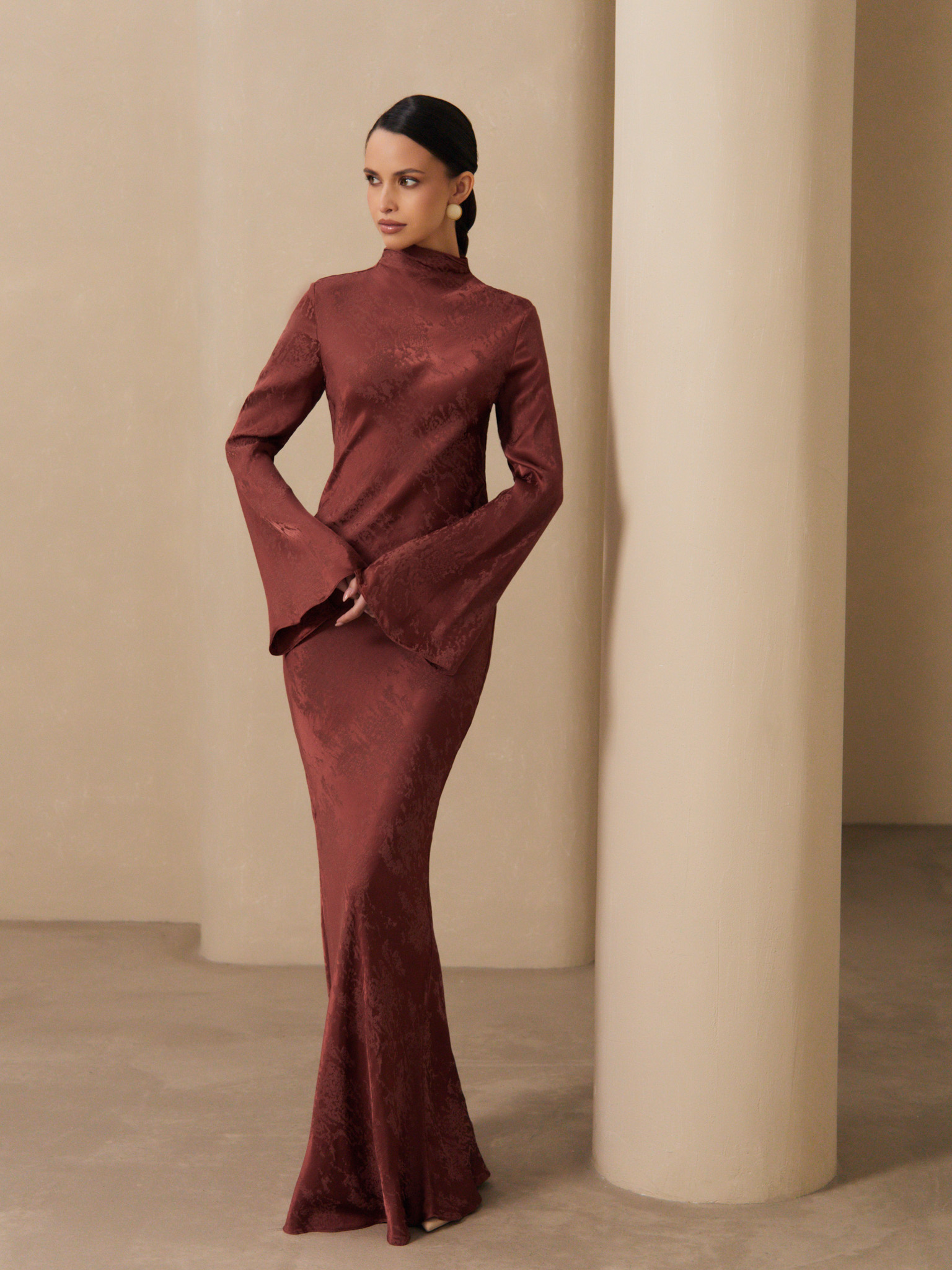 Textured satin maxi dress with lace-up back