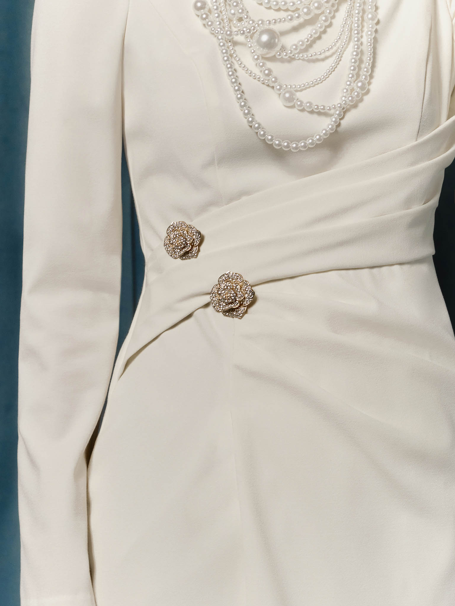 Maxi dress with draped waist and rhinestone brooch