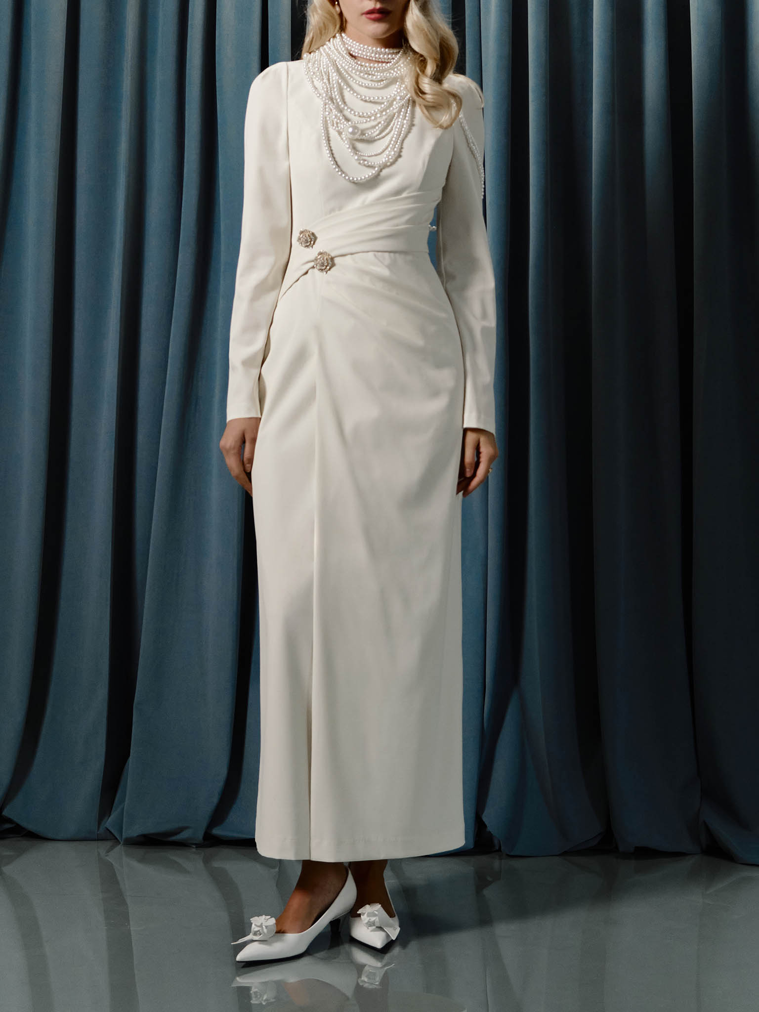 Maxi dress with draped waist and rhinestone brooch