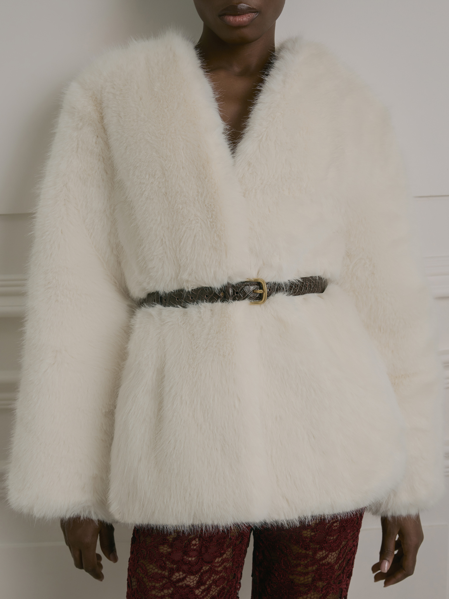 Short eco-fur coat without collar