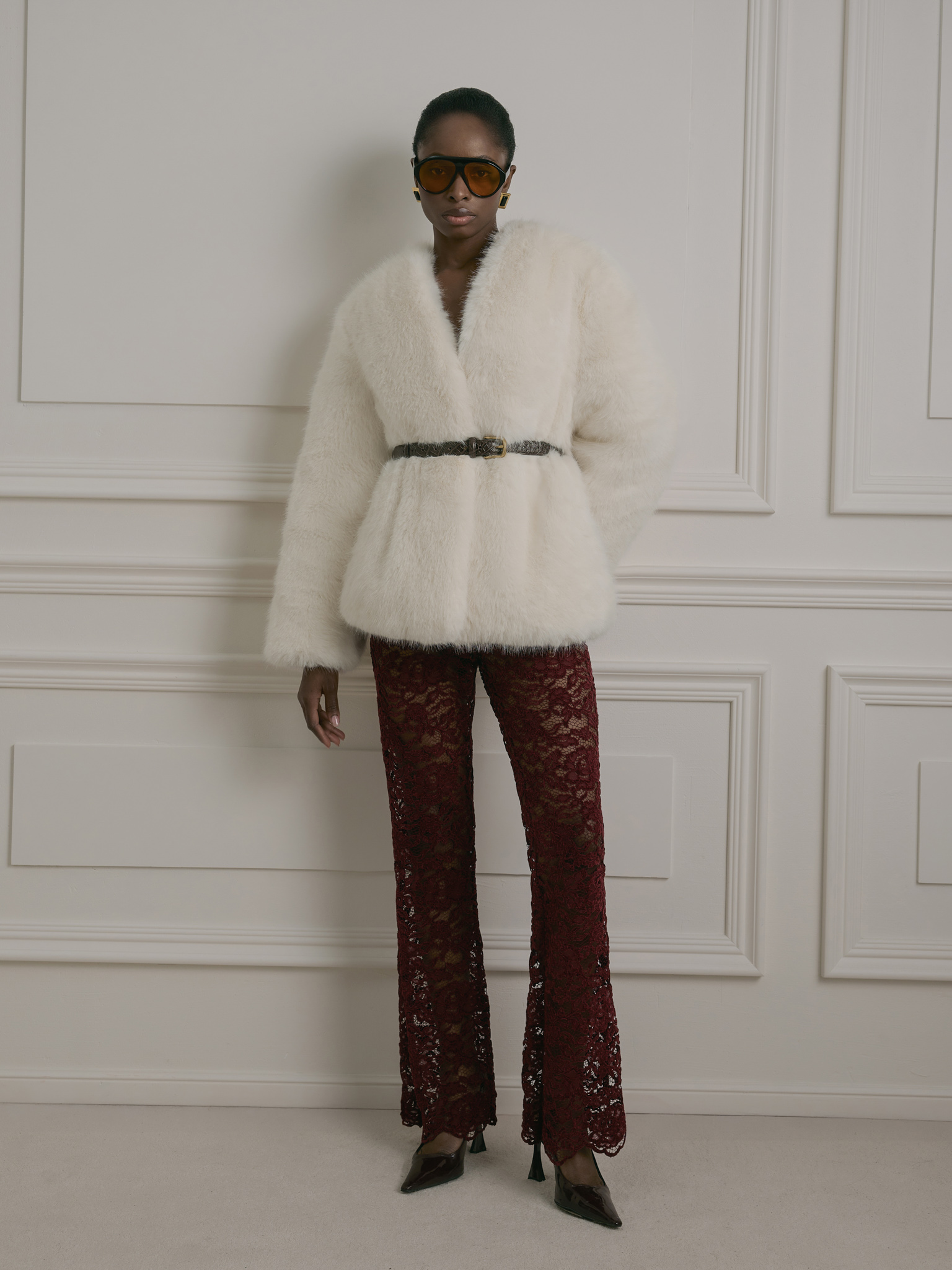 Short eco-fur coat without collar