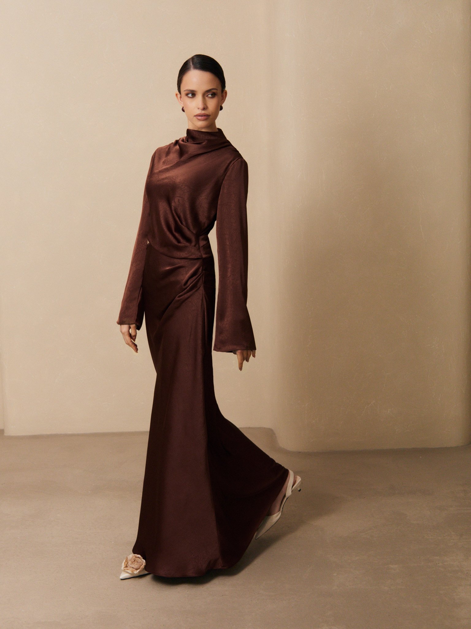 Textured satin maxi dress with slit at the waist