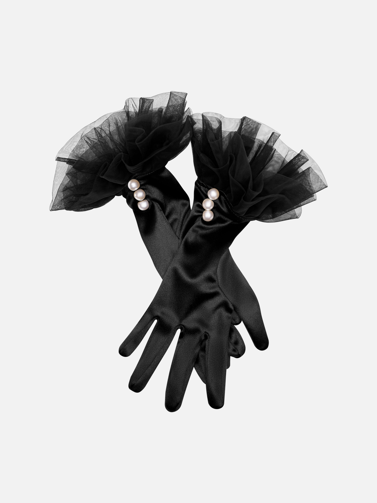 Satin gloves with guipure flounces