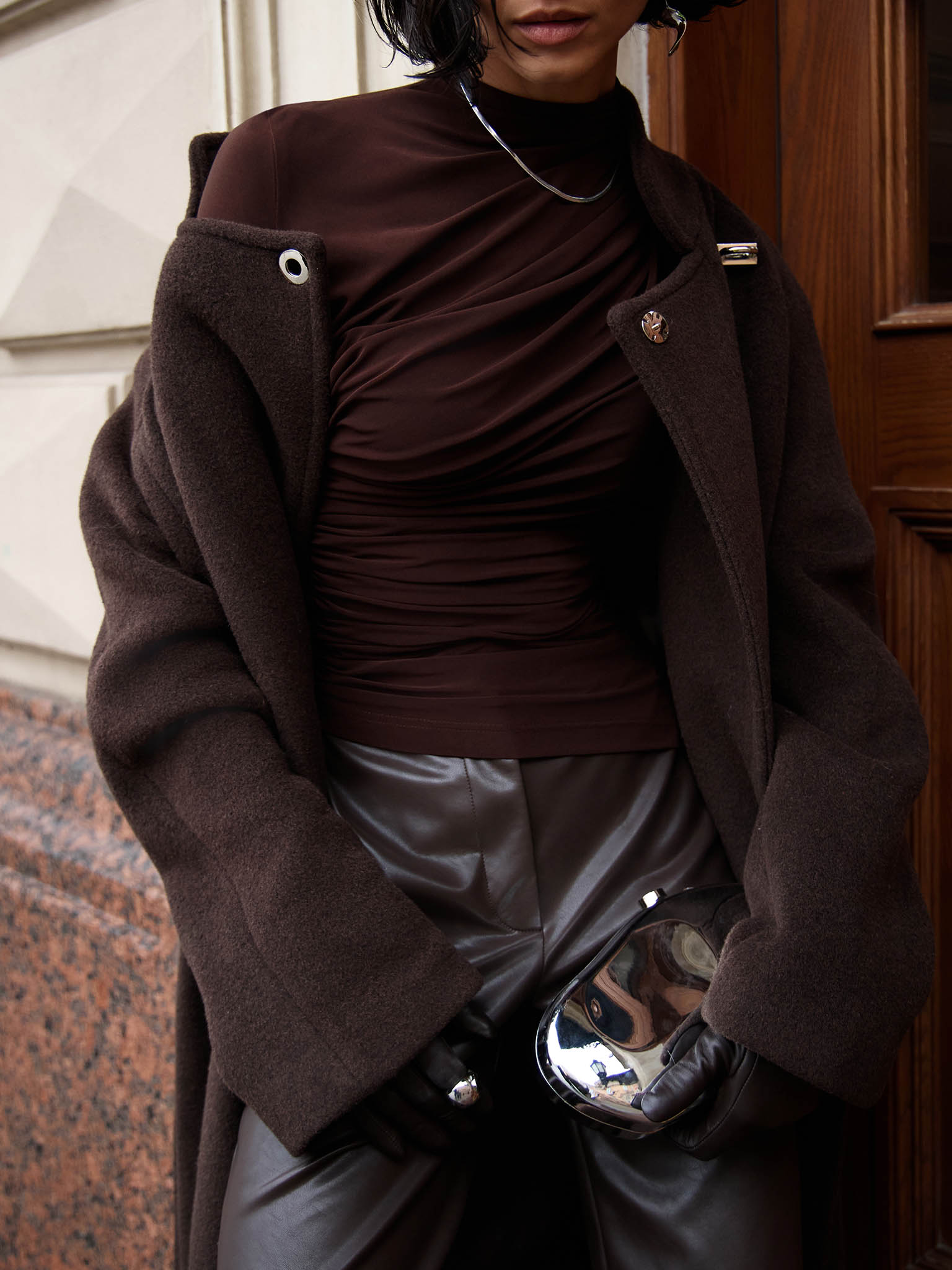 Jersey turtleneck with waist drapery