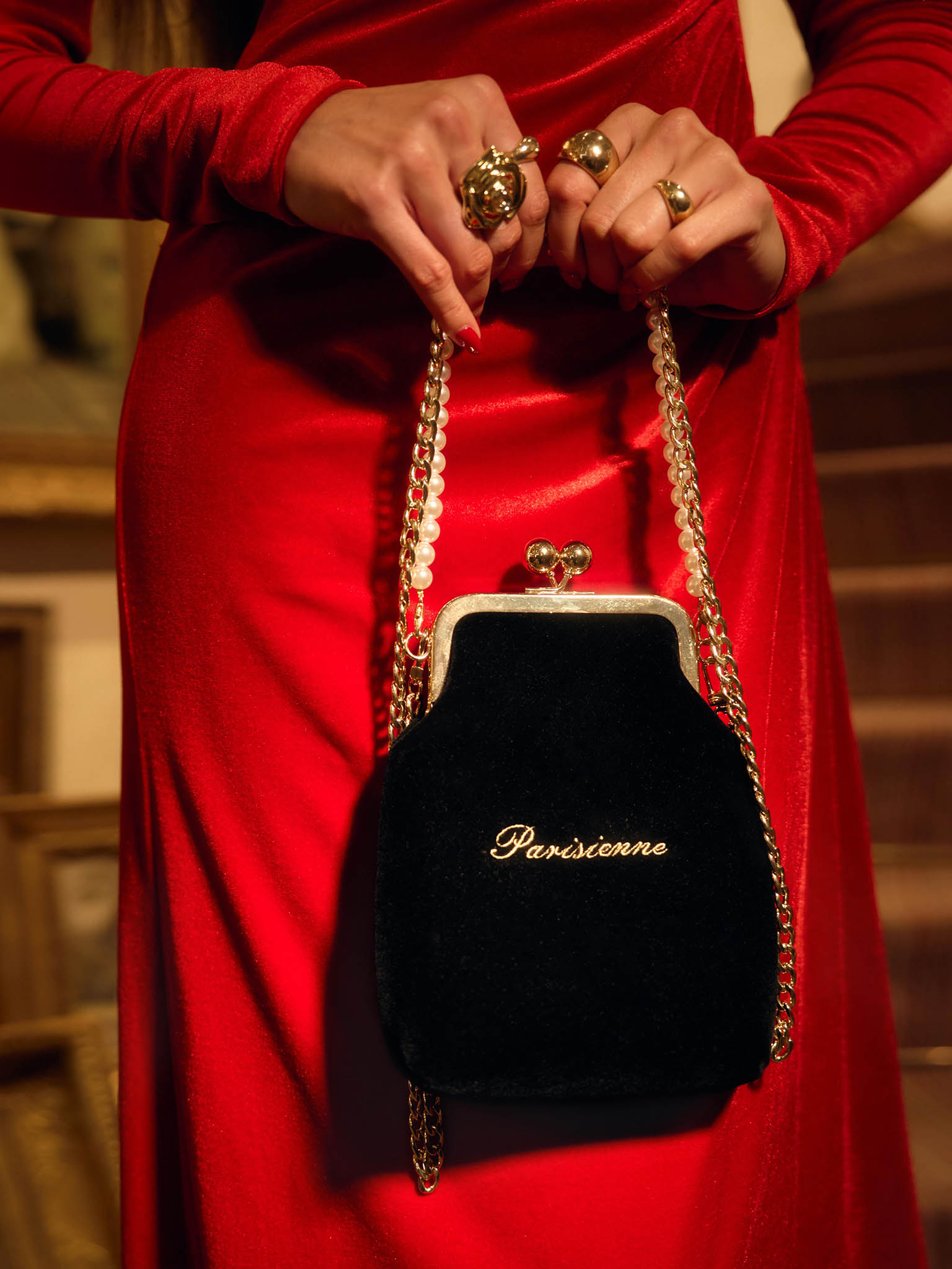 Velvet bag with pearl handle and embroidery