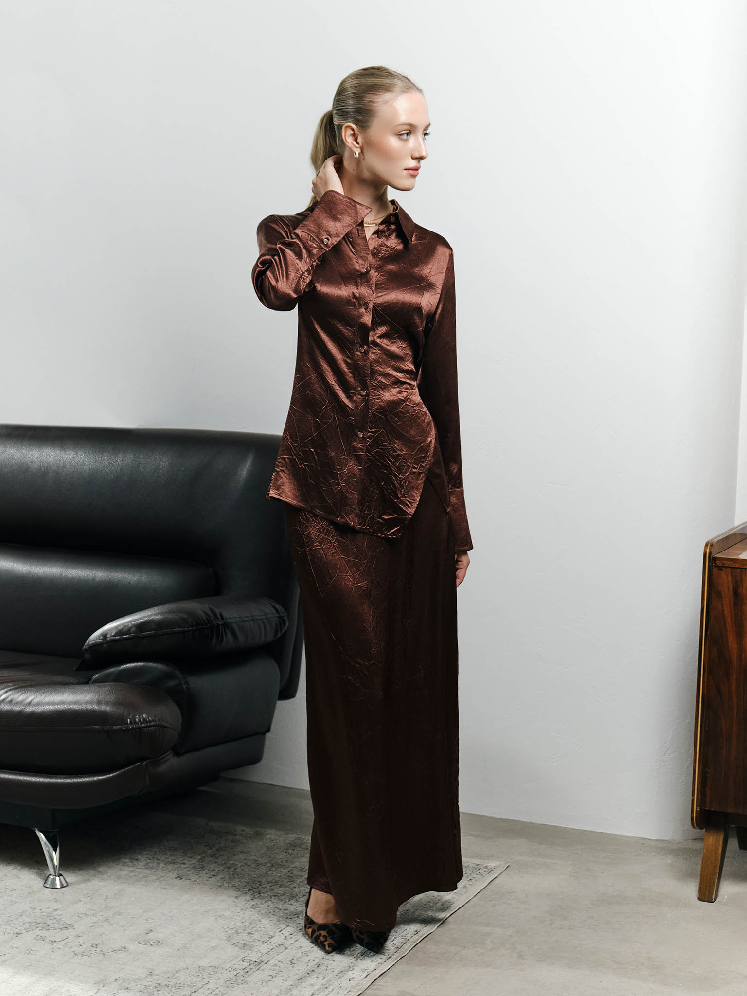 Maxi skirt in crumpled-effect fabric