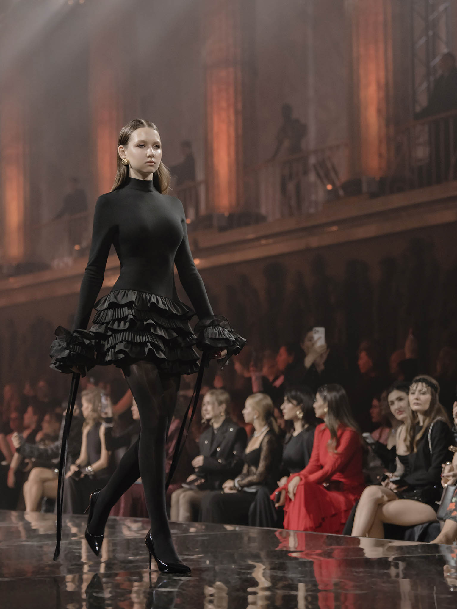 Mini jersey dress with pleated ruffles on the skirt