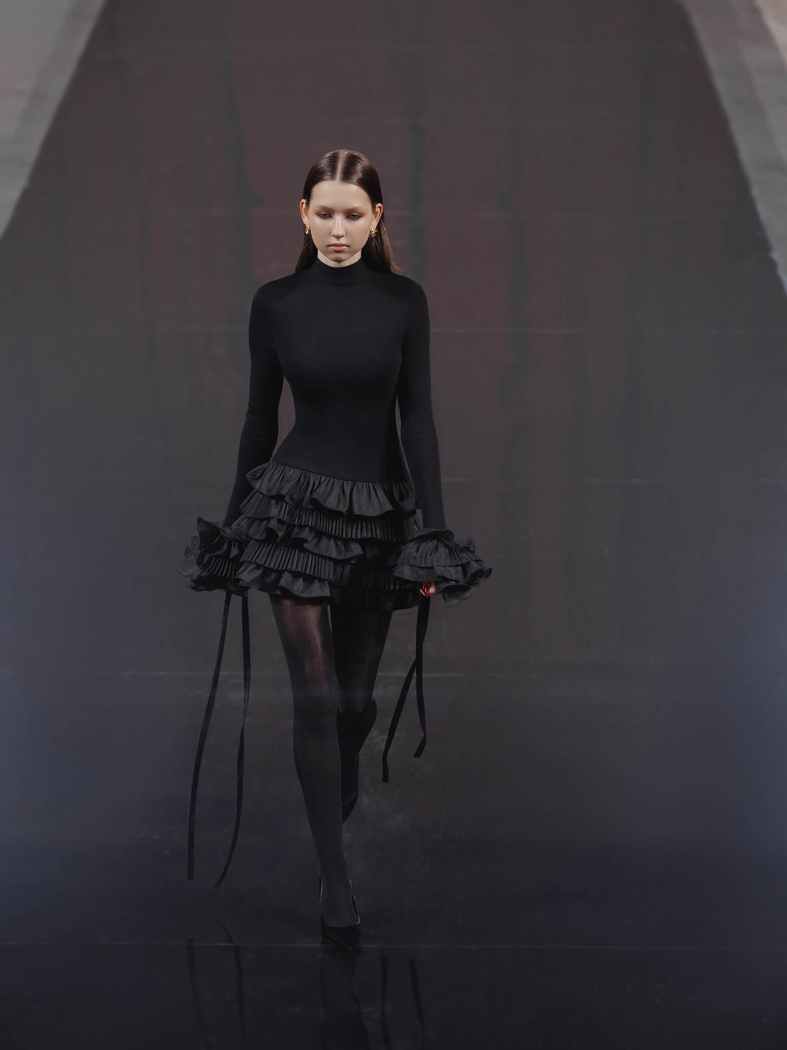 Mini jersey dress with pleated ruffles on the skirt