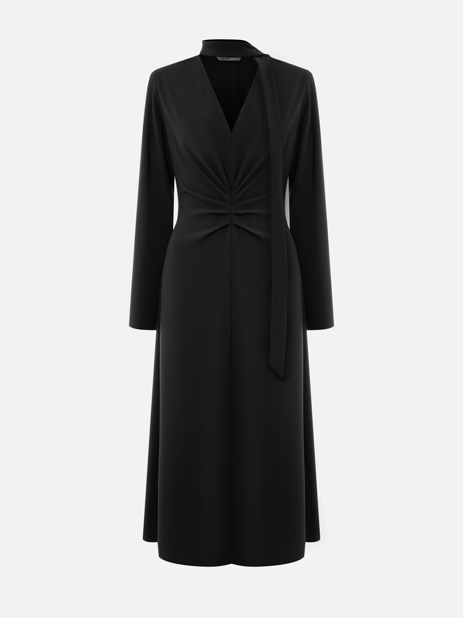 Midi dress with waist gathering and tonal ribbon