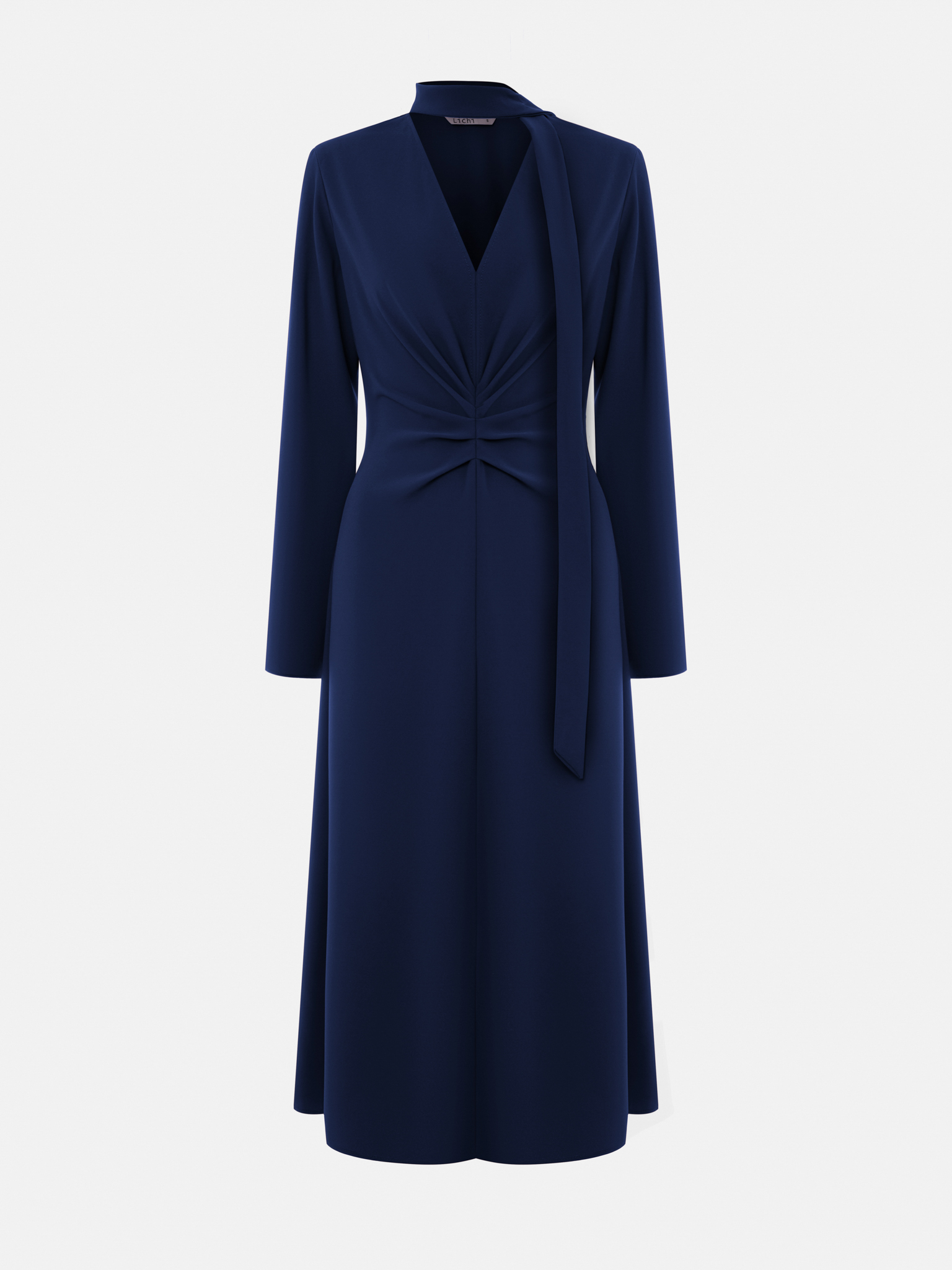 Midi dress with waist gathering and tonal ribbon