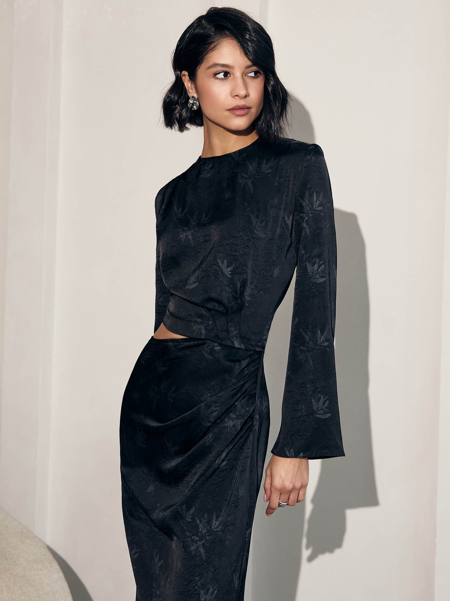 Textured satin maxi dress with slit at the waist