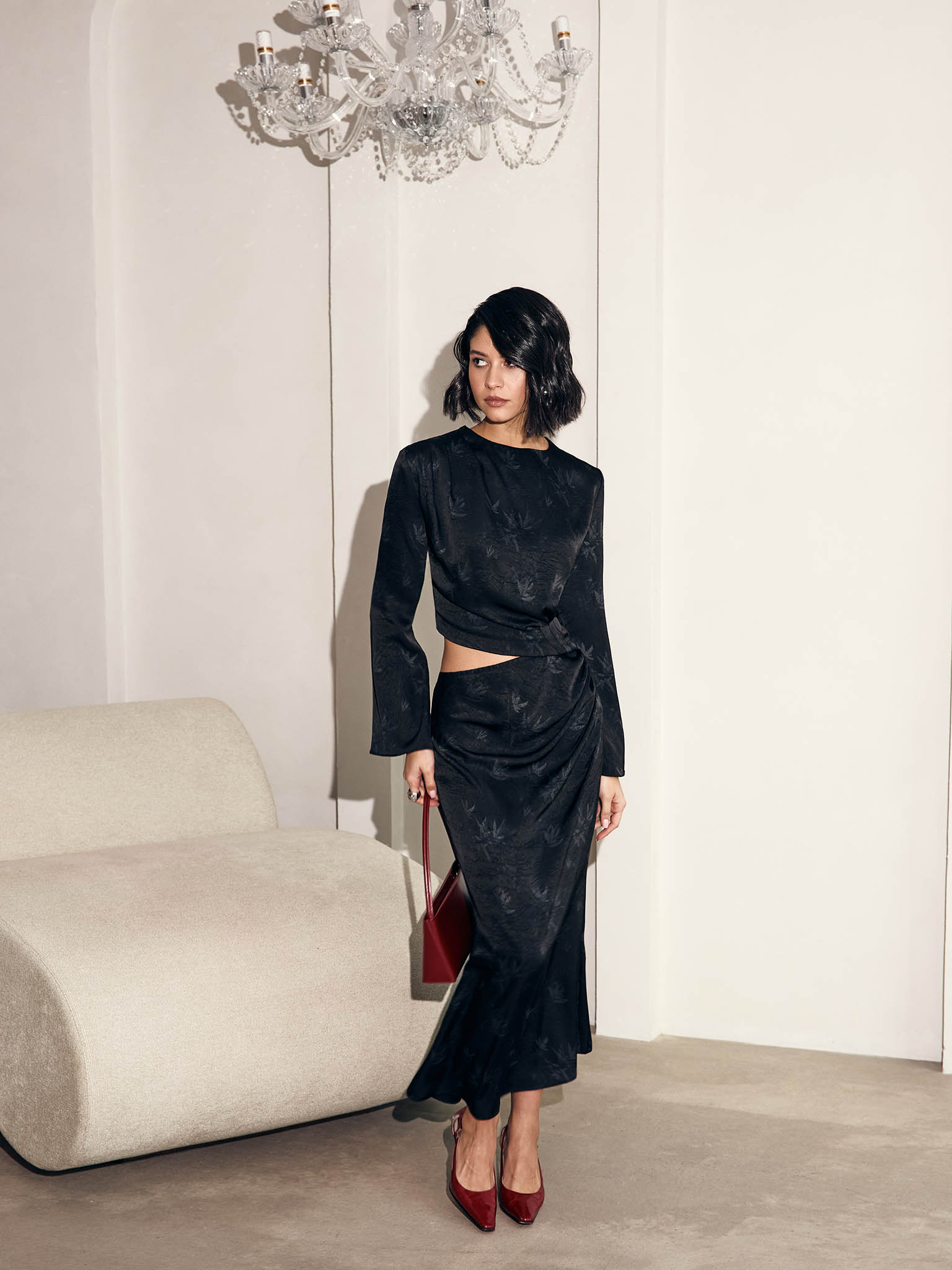 Textured satin maxi dress with slit at the waist