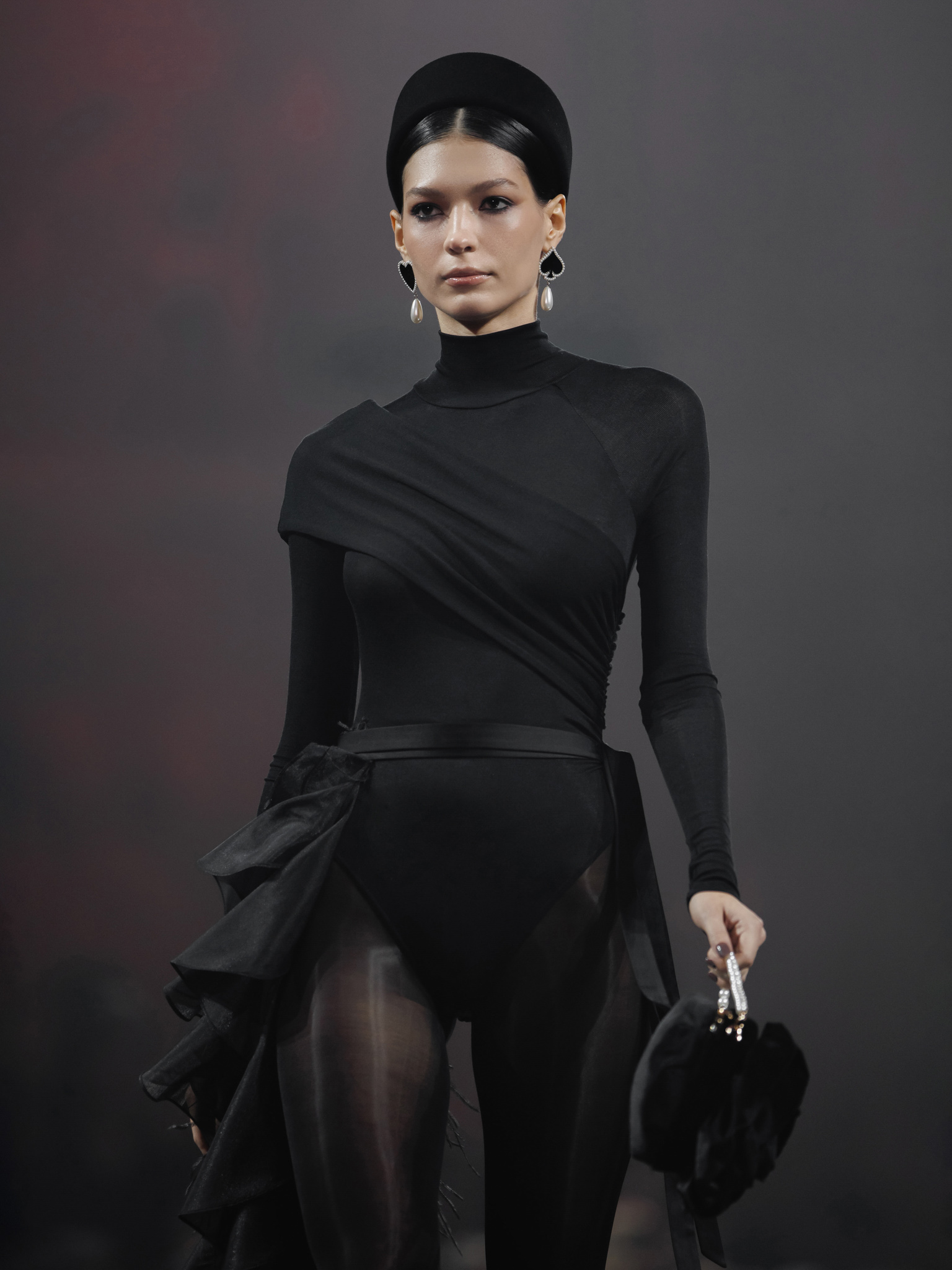 Bodysuit with high collar and draped front