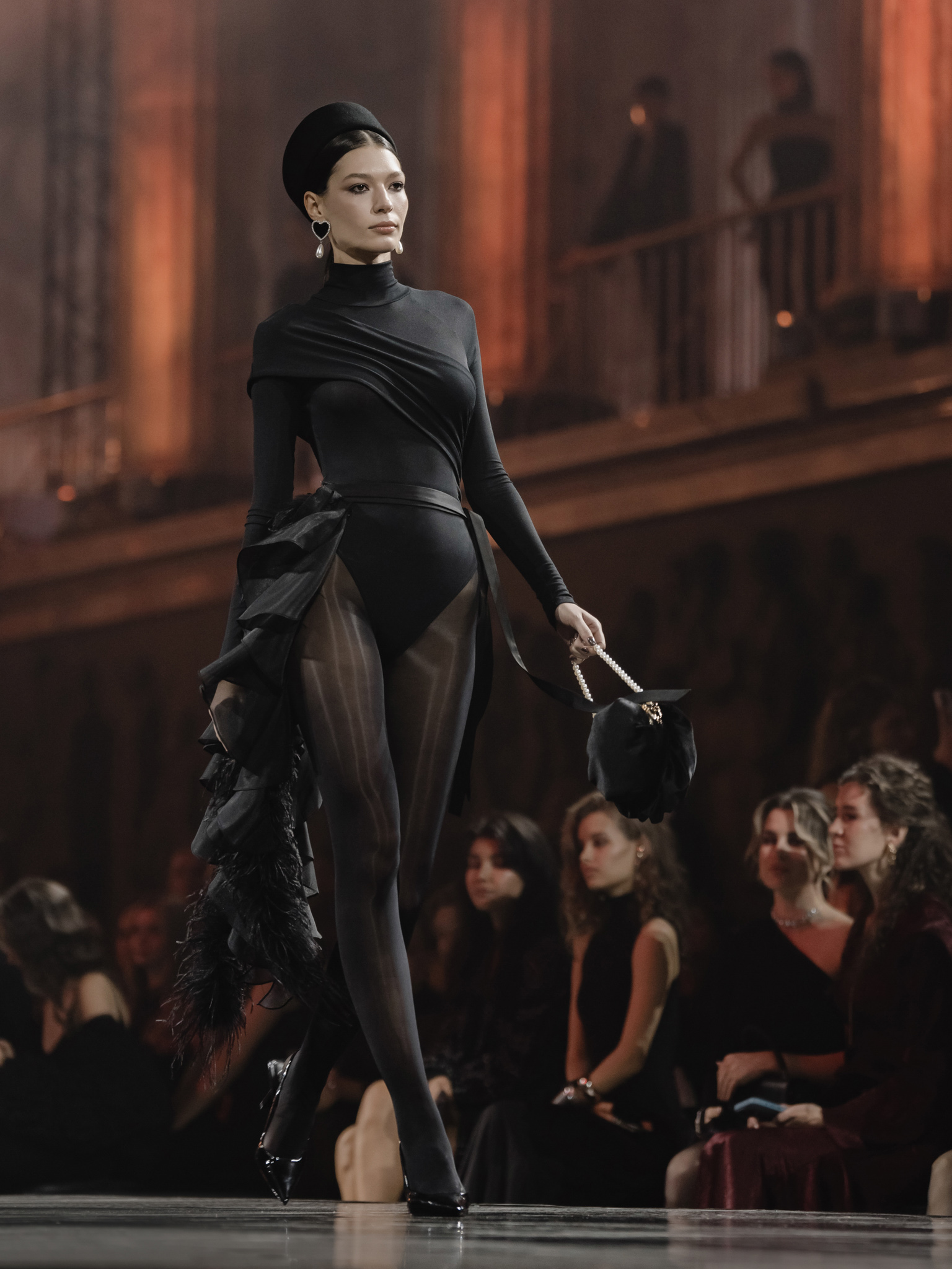 Bodysuit with high collar and draped front