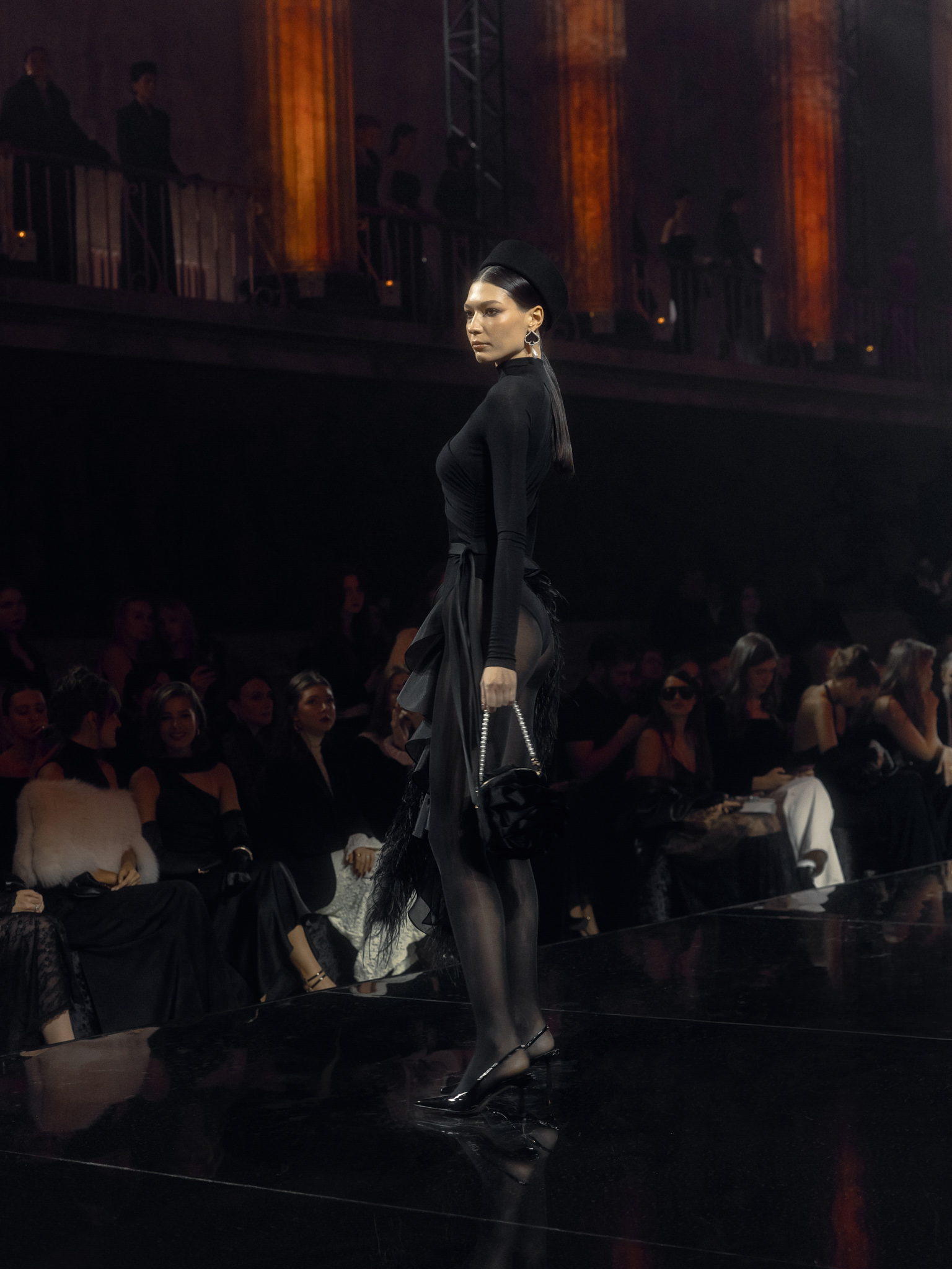 Bodysuit with high collar and draped front