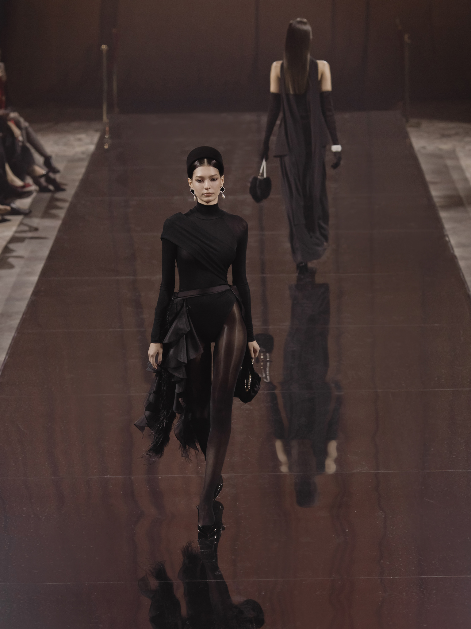 Bodysuit with high collar and draped front