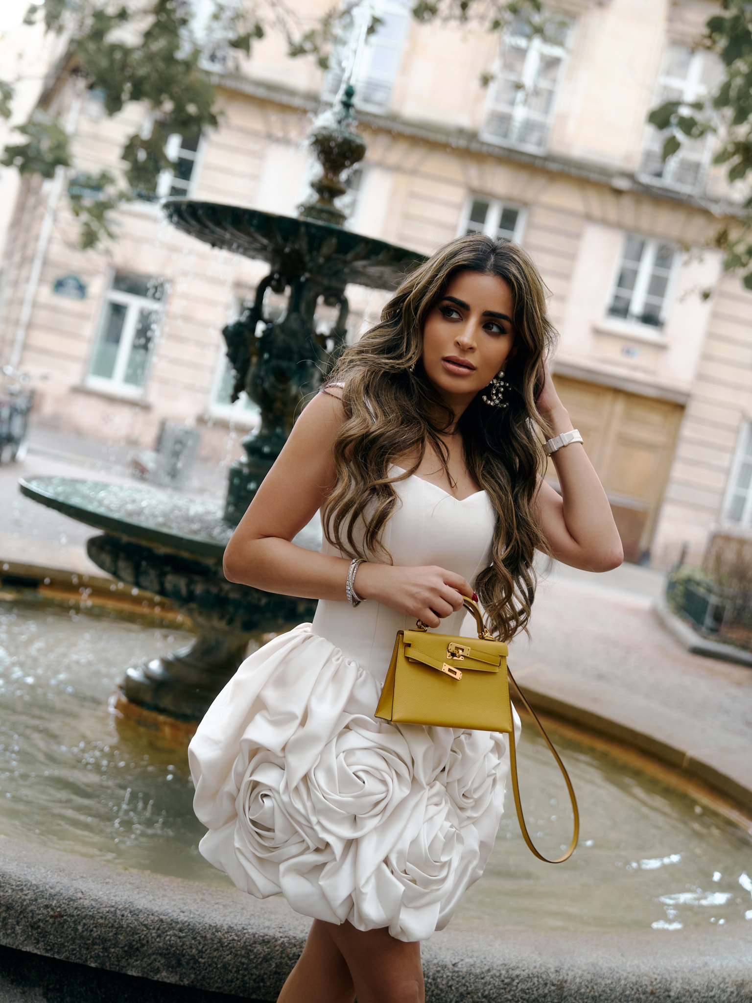 Satin strappy mini dress with voluminous flowers on the skirt