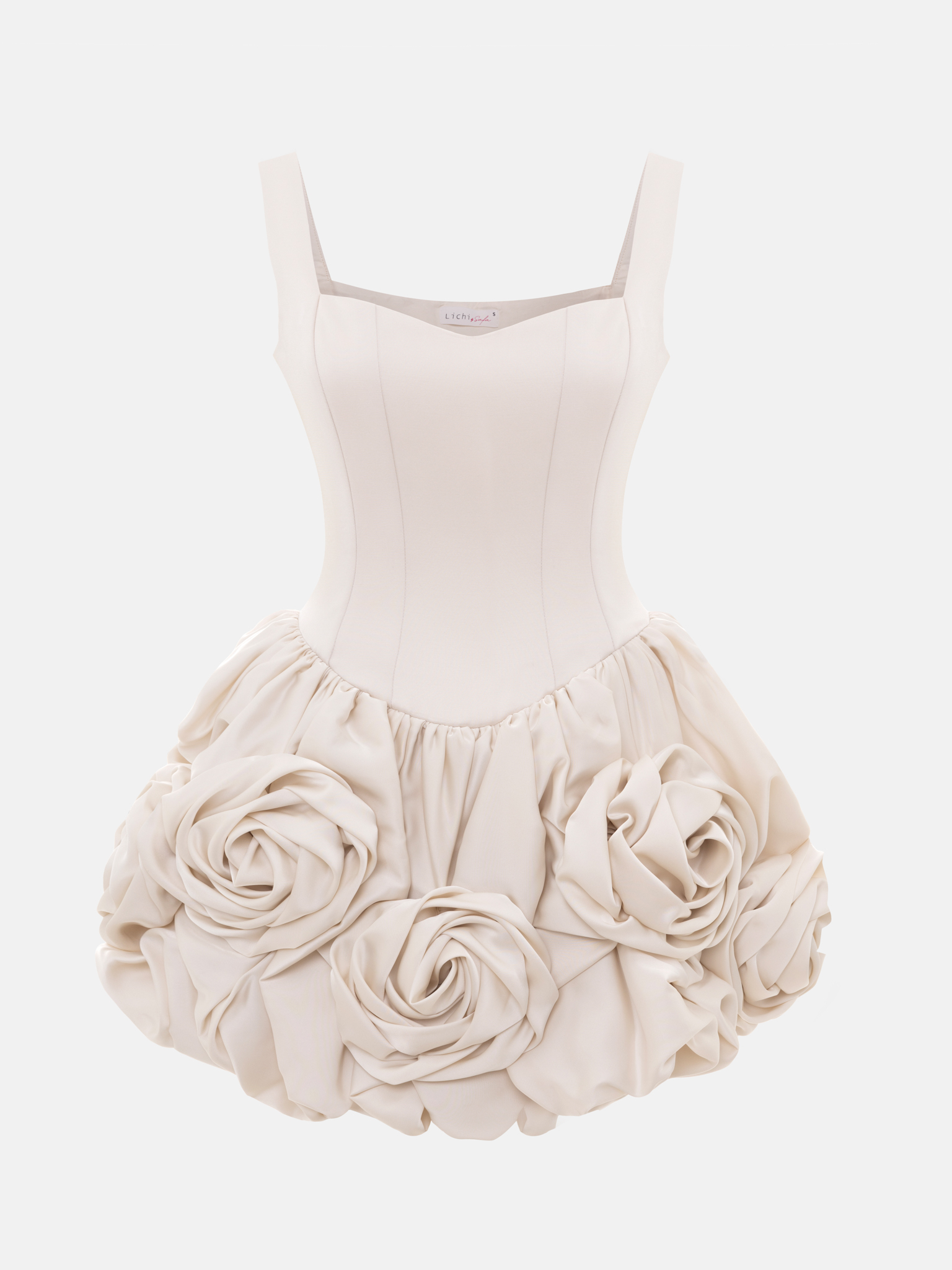 Satin strappy mini dress with voluminous flowers on the skirt
