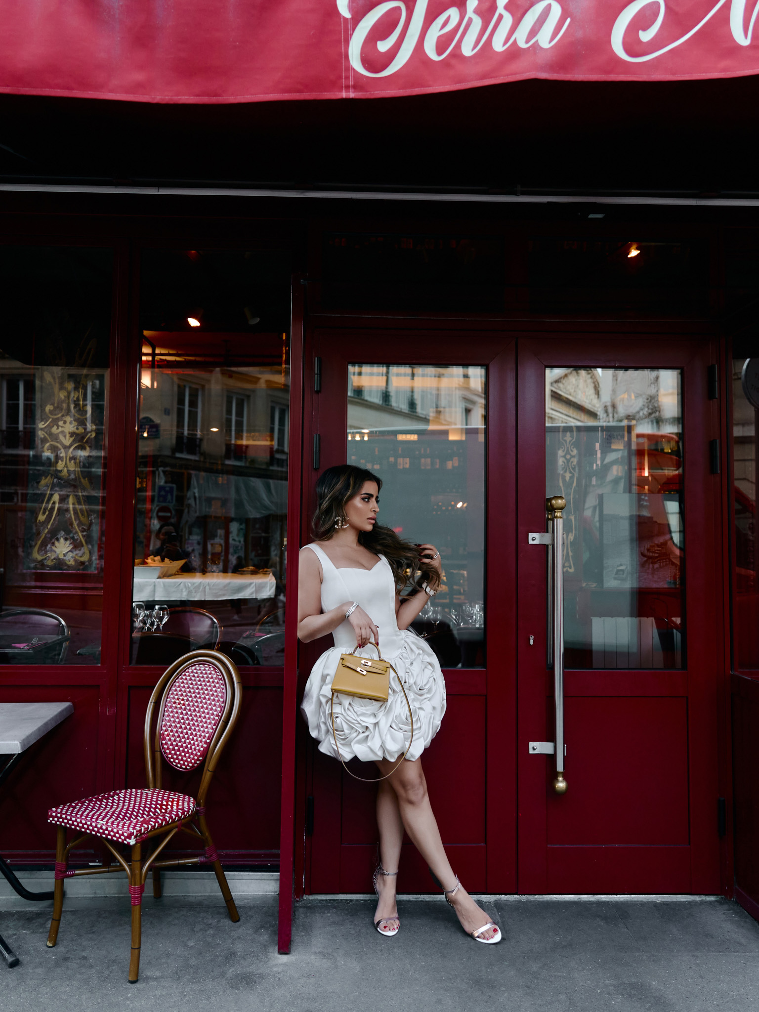 Satin strappy mini dress with voluminous flowers on the skirt
