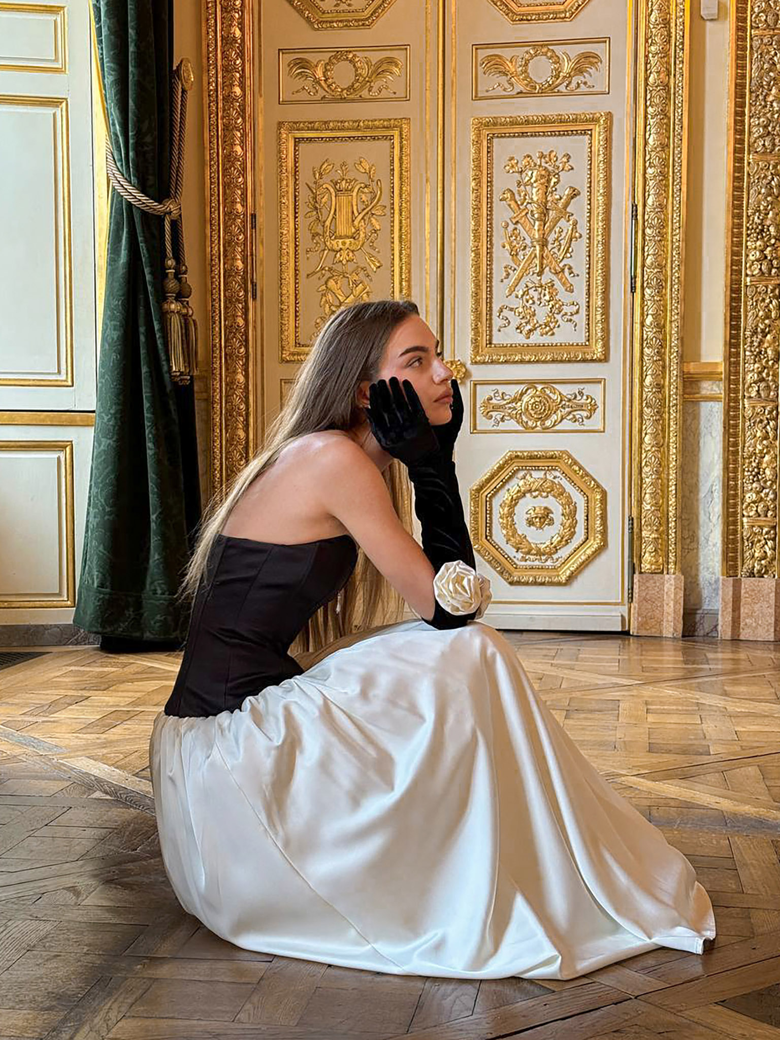 Maxi dress with corset bodice and floor length skirt