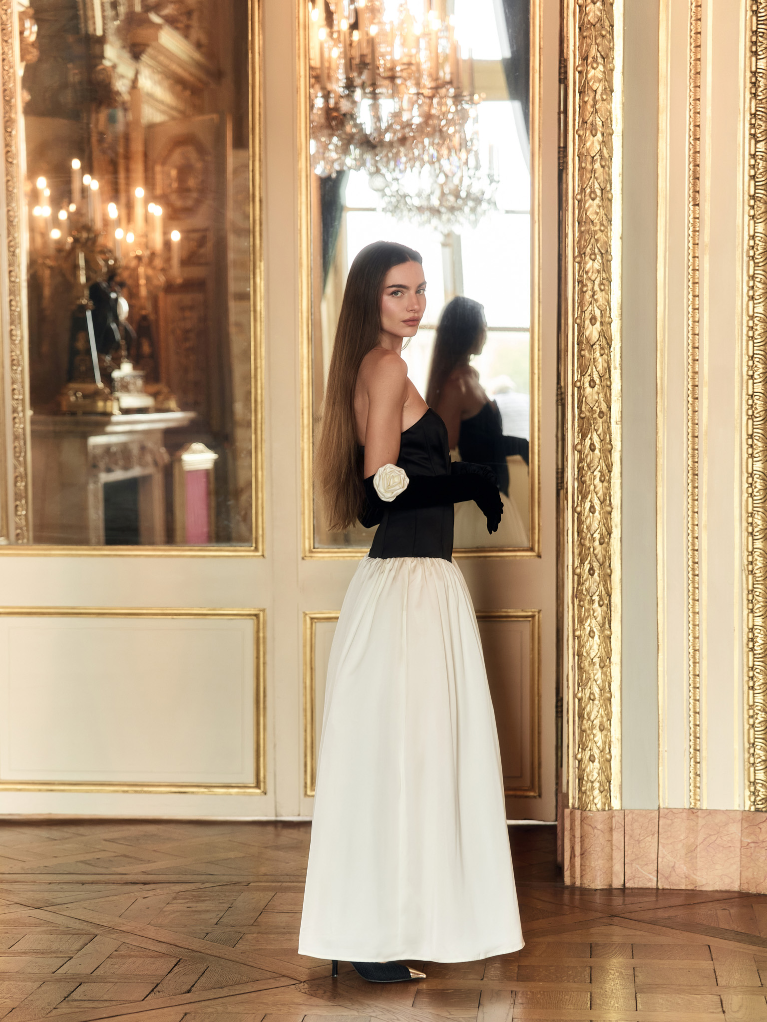 Maxi dress with corset bodice and floor length skirt