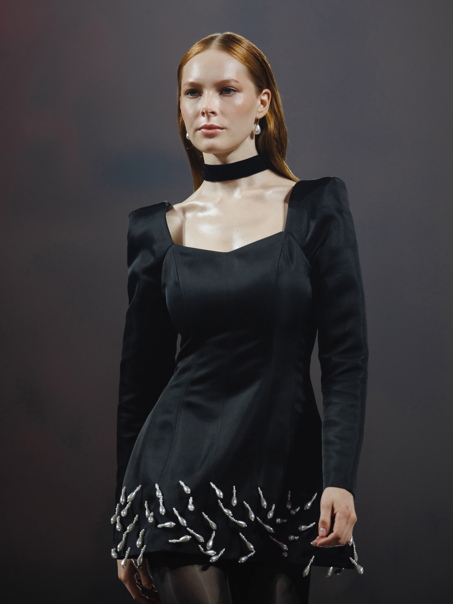 Satin mini dress with skirt decoration