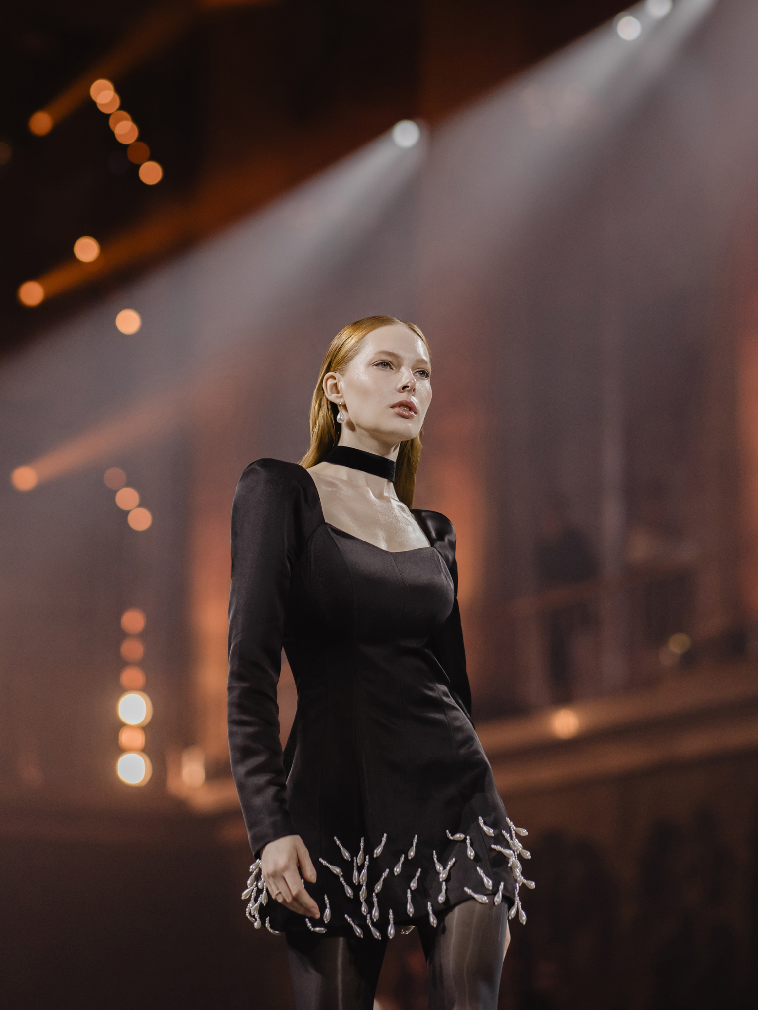 Satin mini dress with skirt decoration