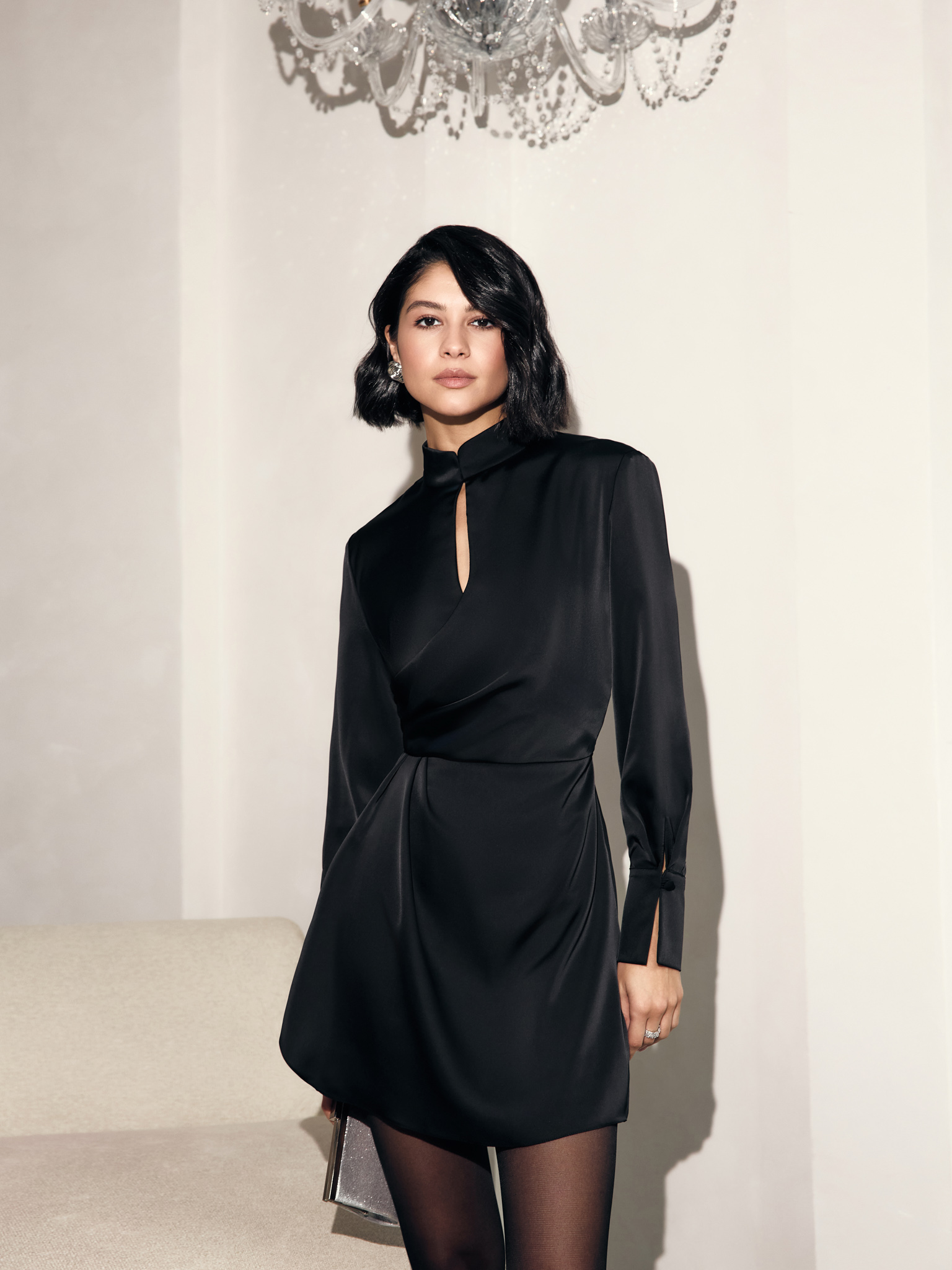 Satin mini dress with wrap imitation