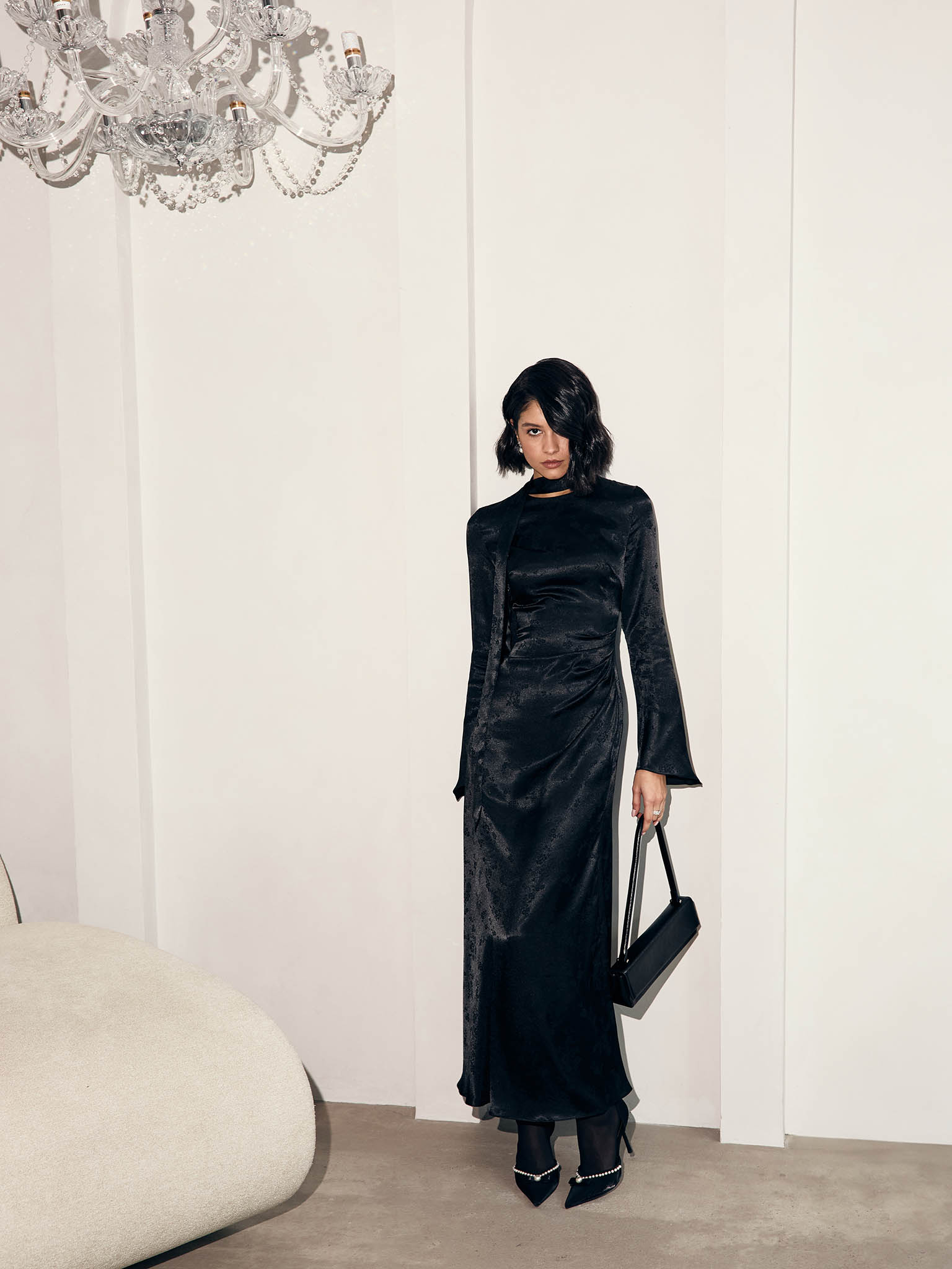 Satin maxi dress with ornamentation