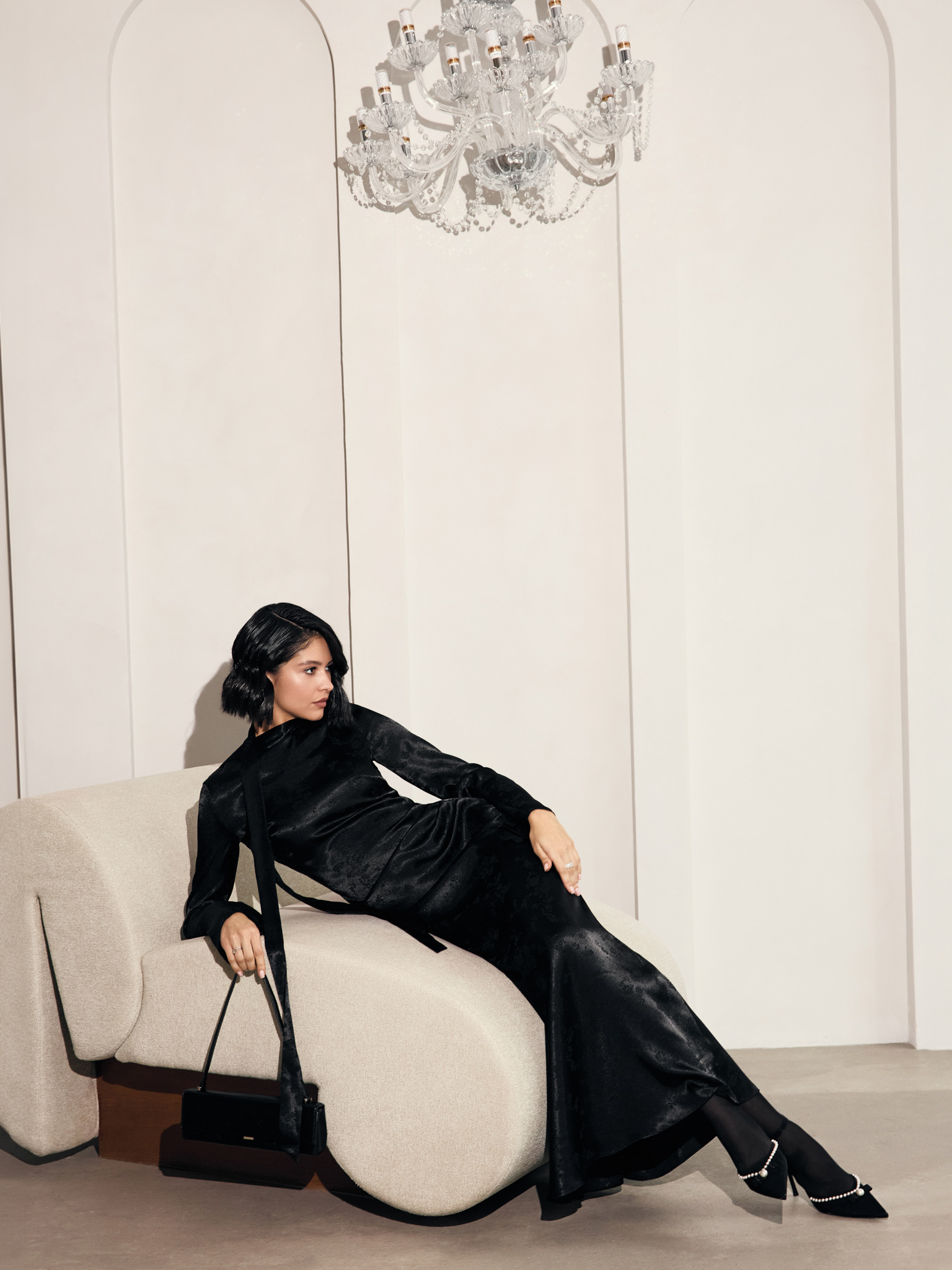 Satin maxi dress with ornamentation