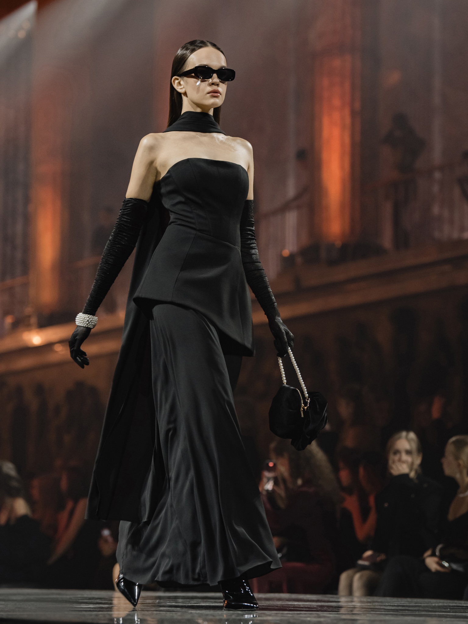 Maxi dress with layered skirt and a matching scarf