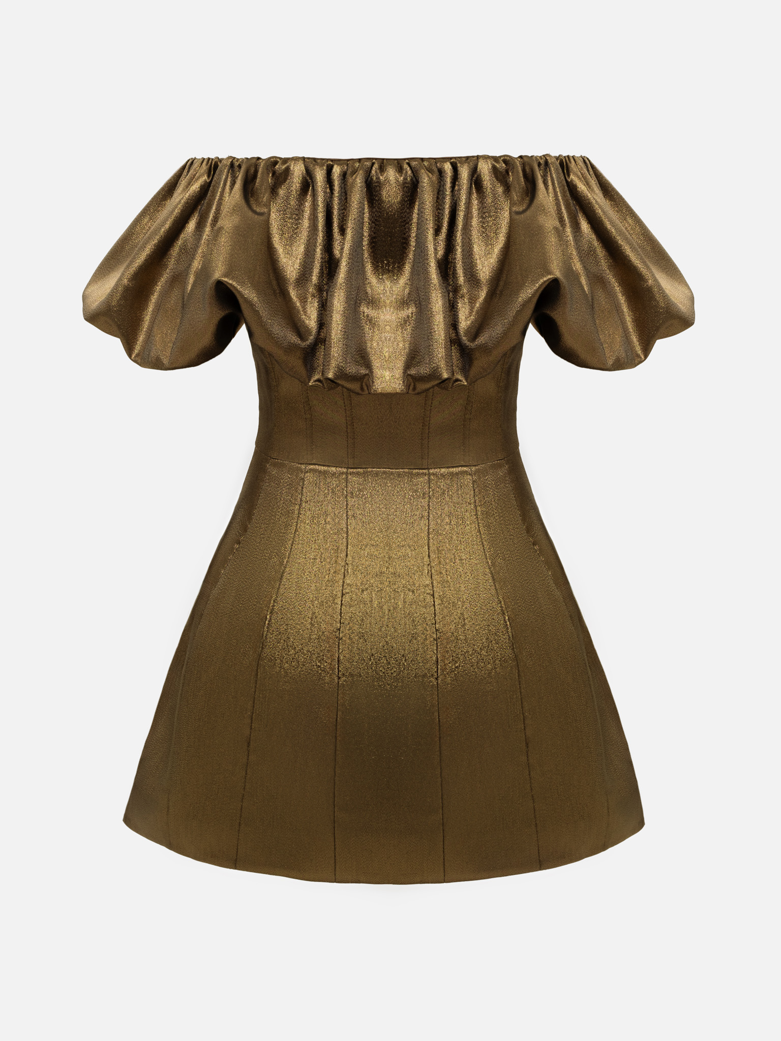 Metallic mini dress with voluminous detail on the bodice