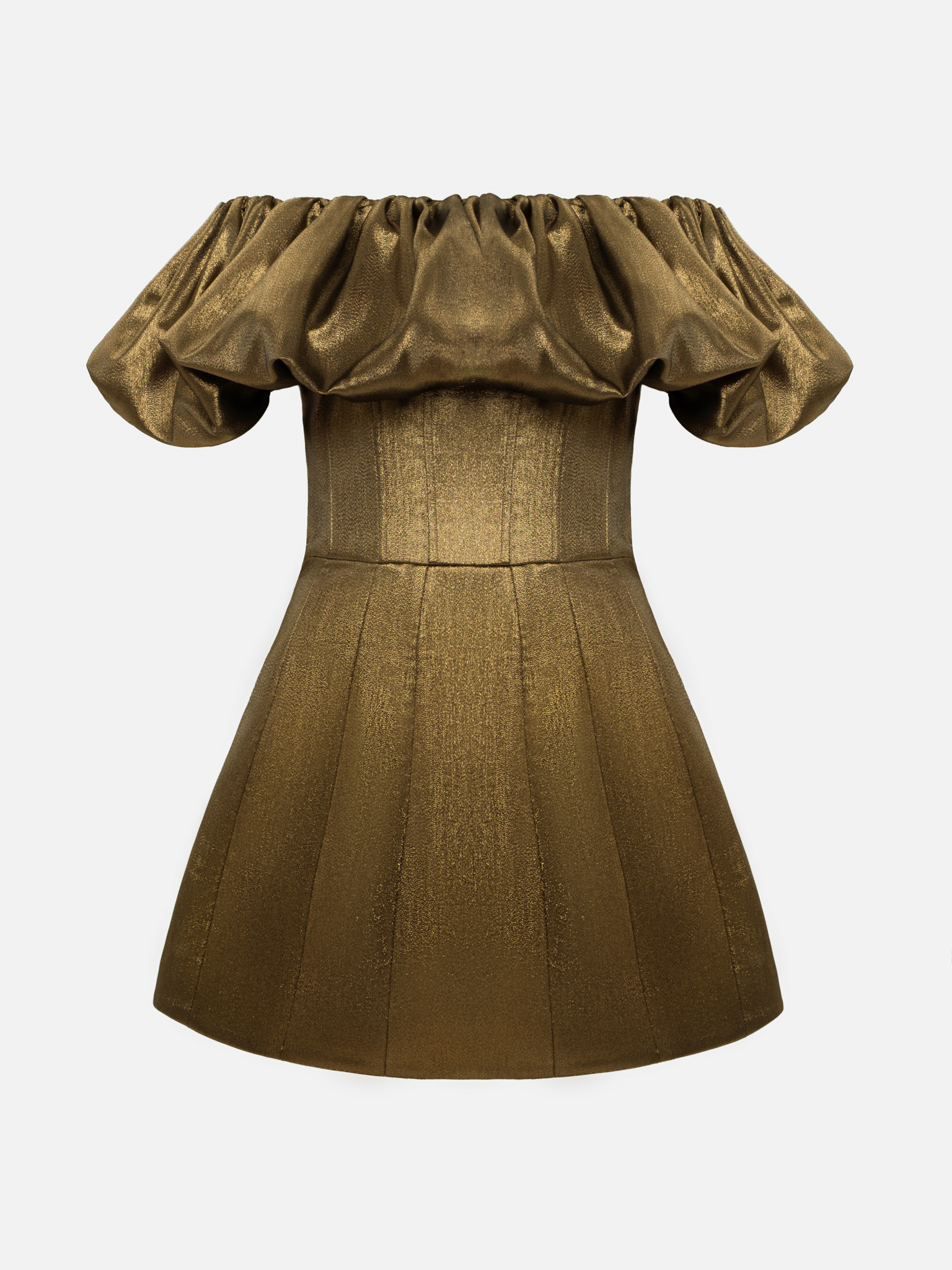 Metallic mini dress with voluminous detail on the bodice