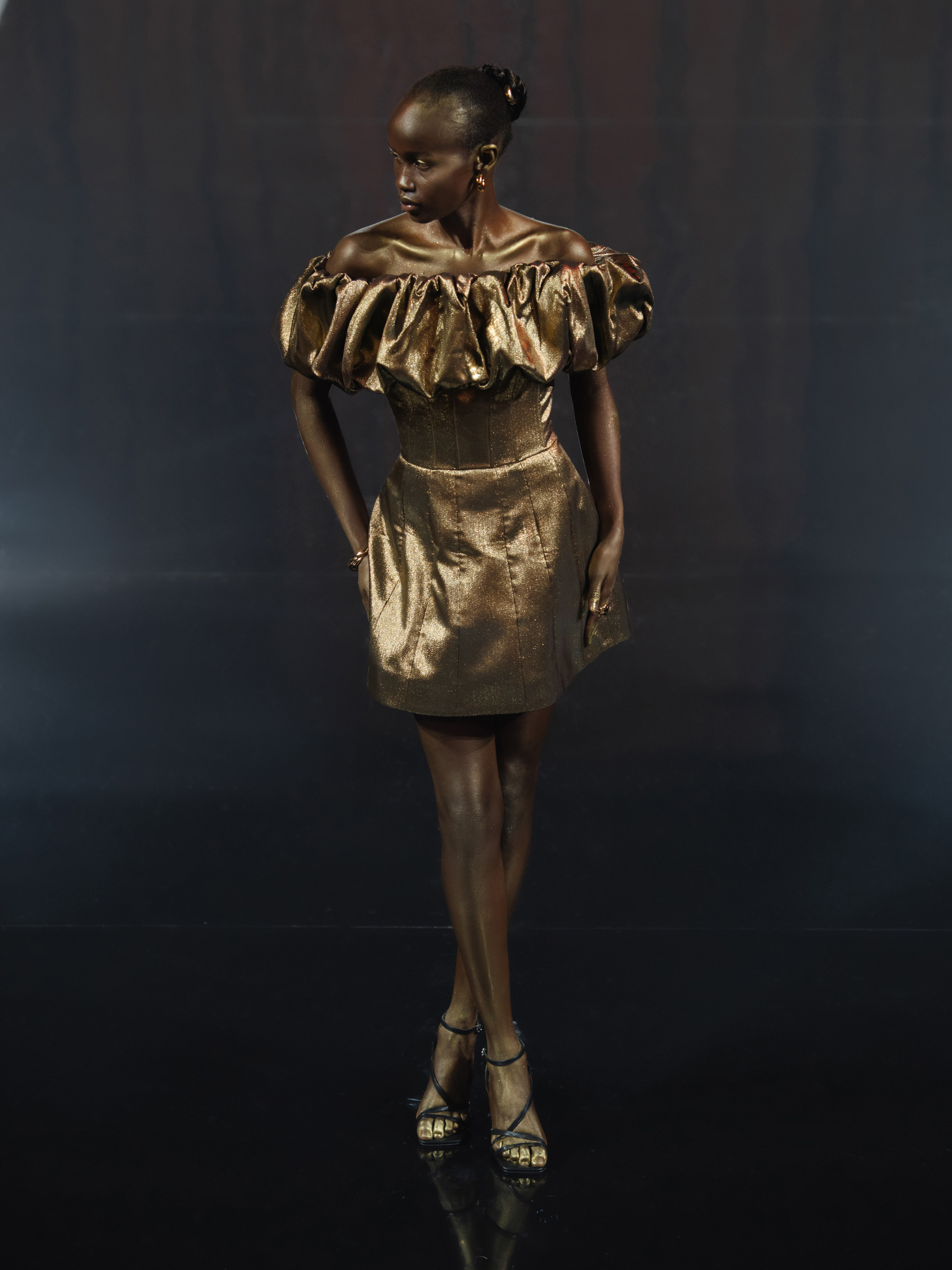 Metallic mini dress with voluminous detail on the bodice