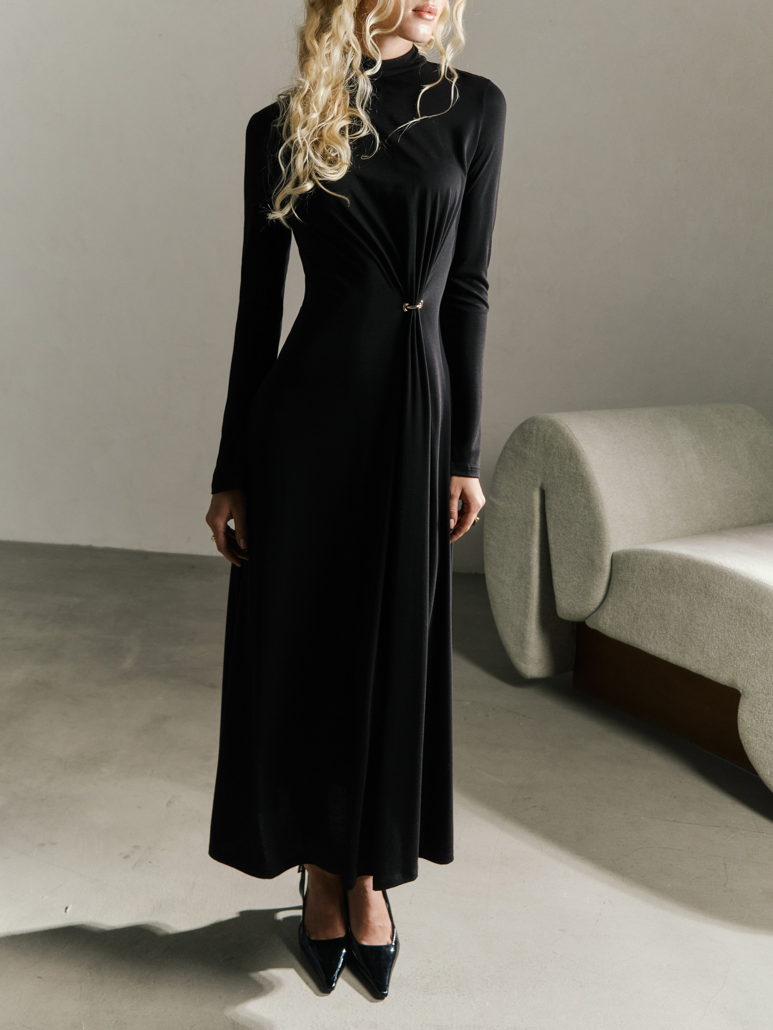 Jersey maxi dress with metallic decor at the waist