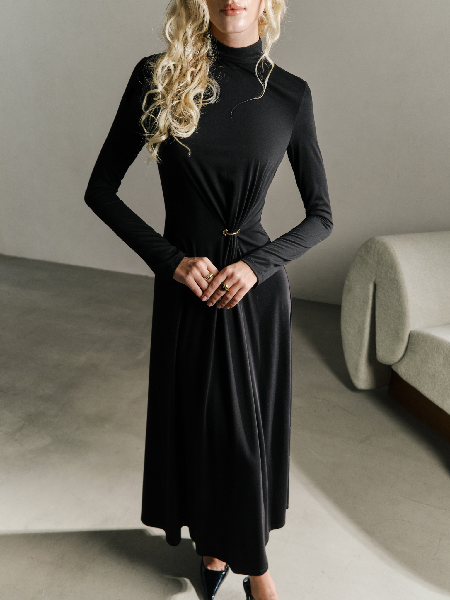 Jersey maxi dress with metallic decor at the waist