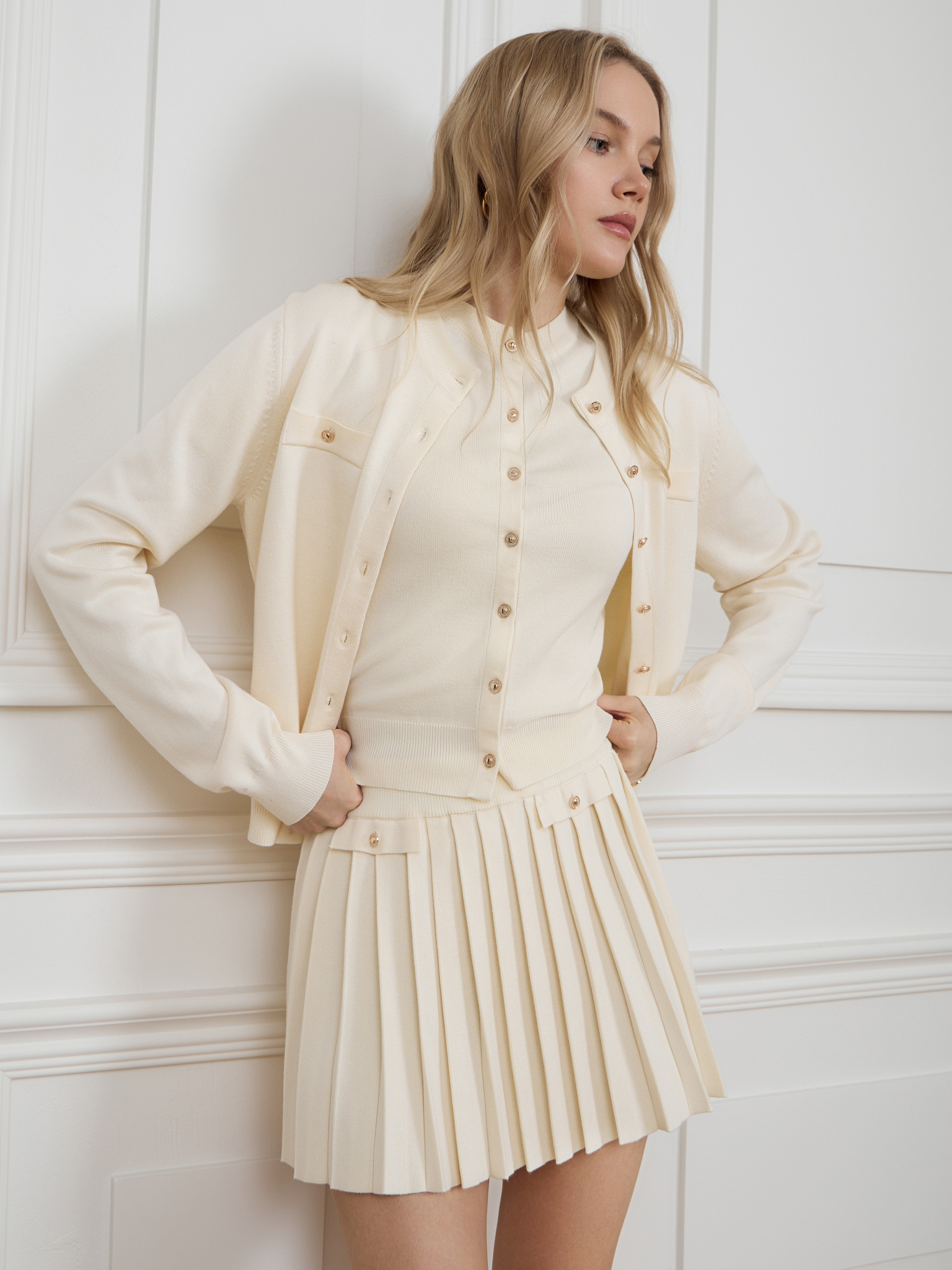 Pleated jersey knit mini skirt