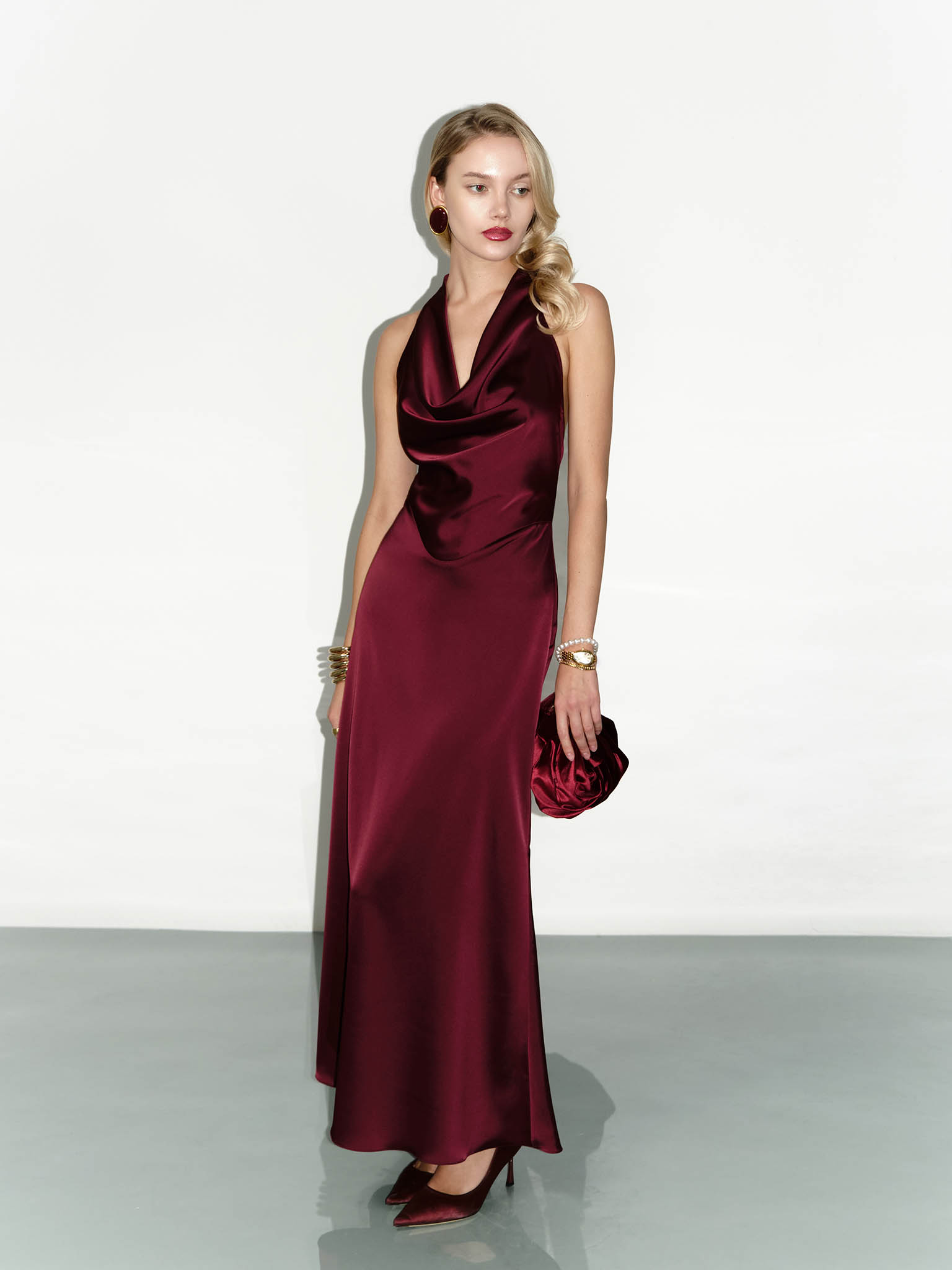 Satin maxi dress with draped neckline