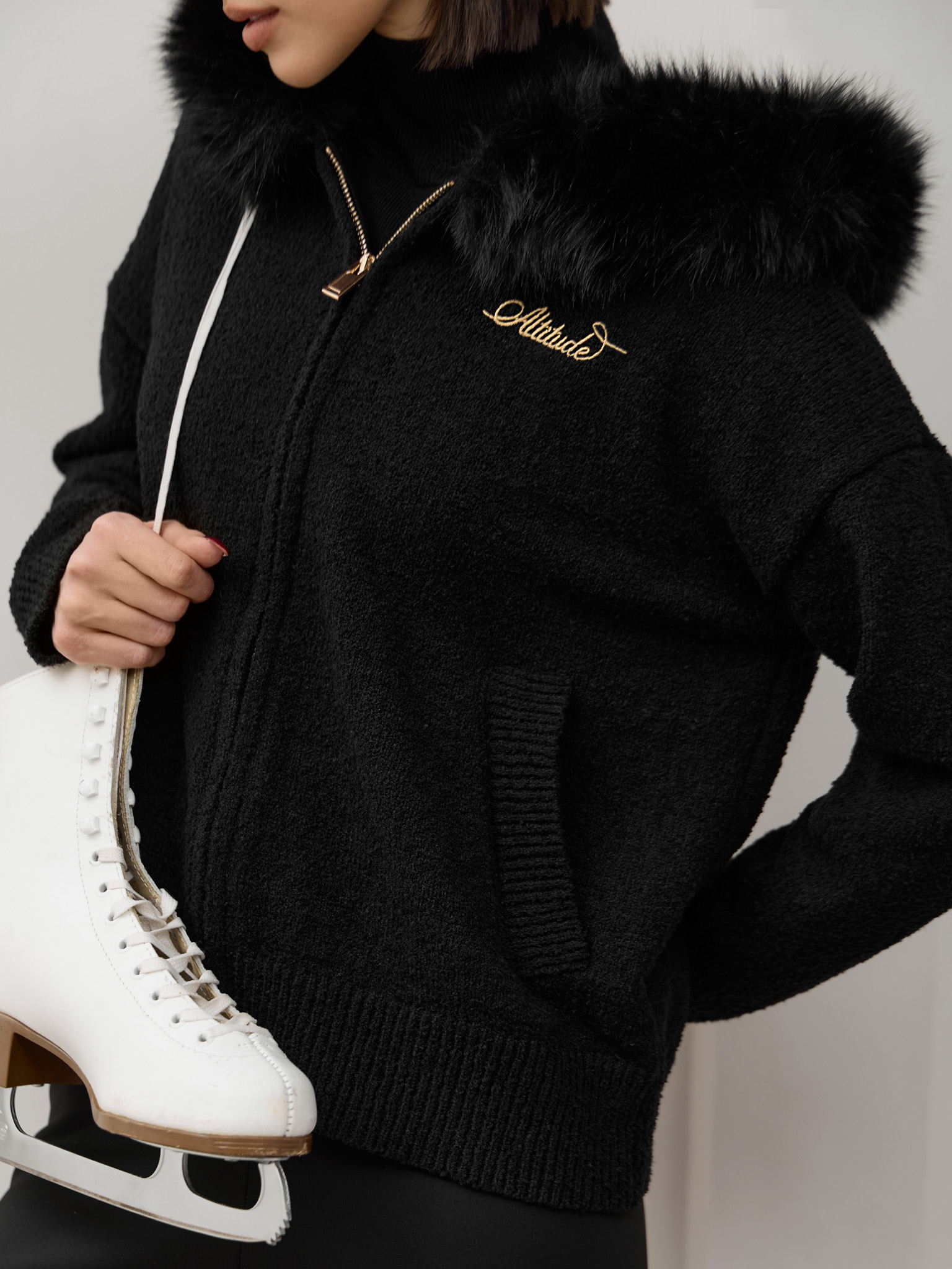 Кардиган на молнии с меховым воротником