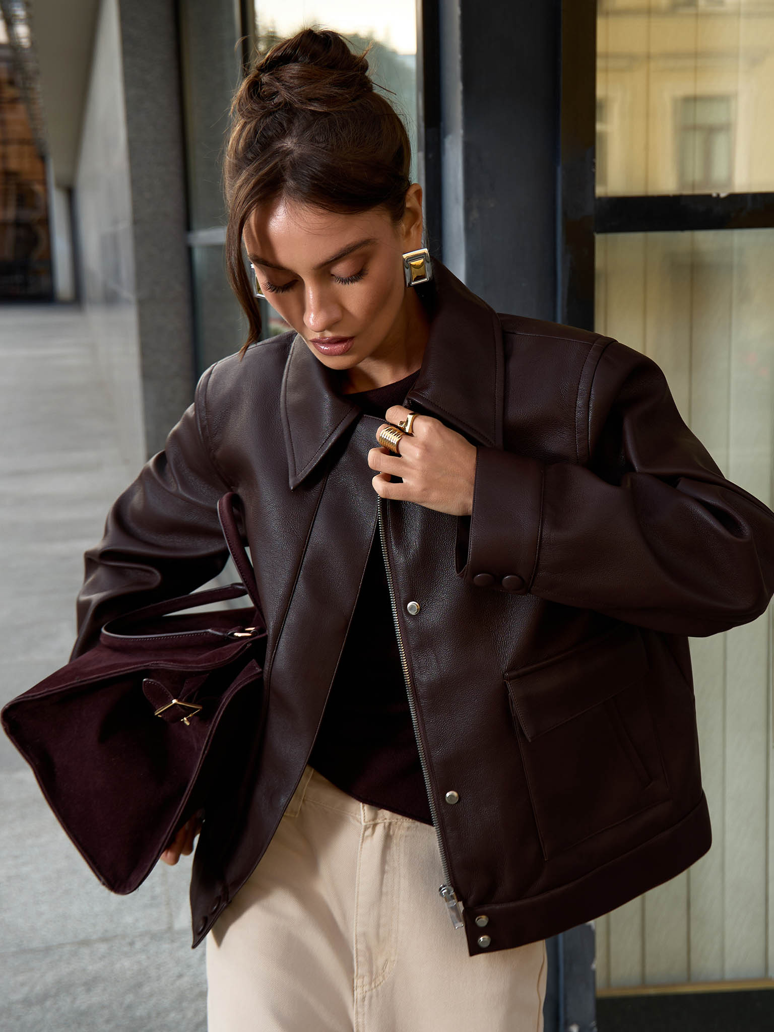 Eco-leather jacket with triangular collar